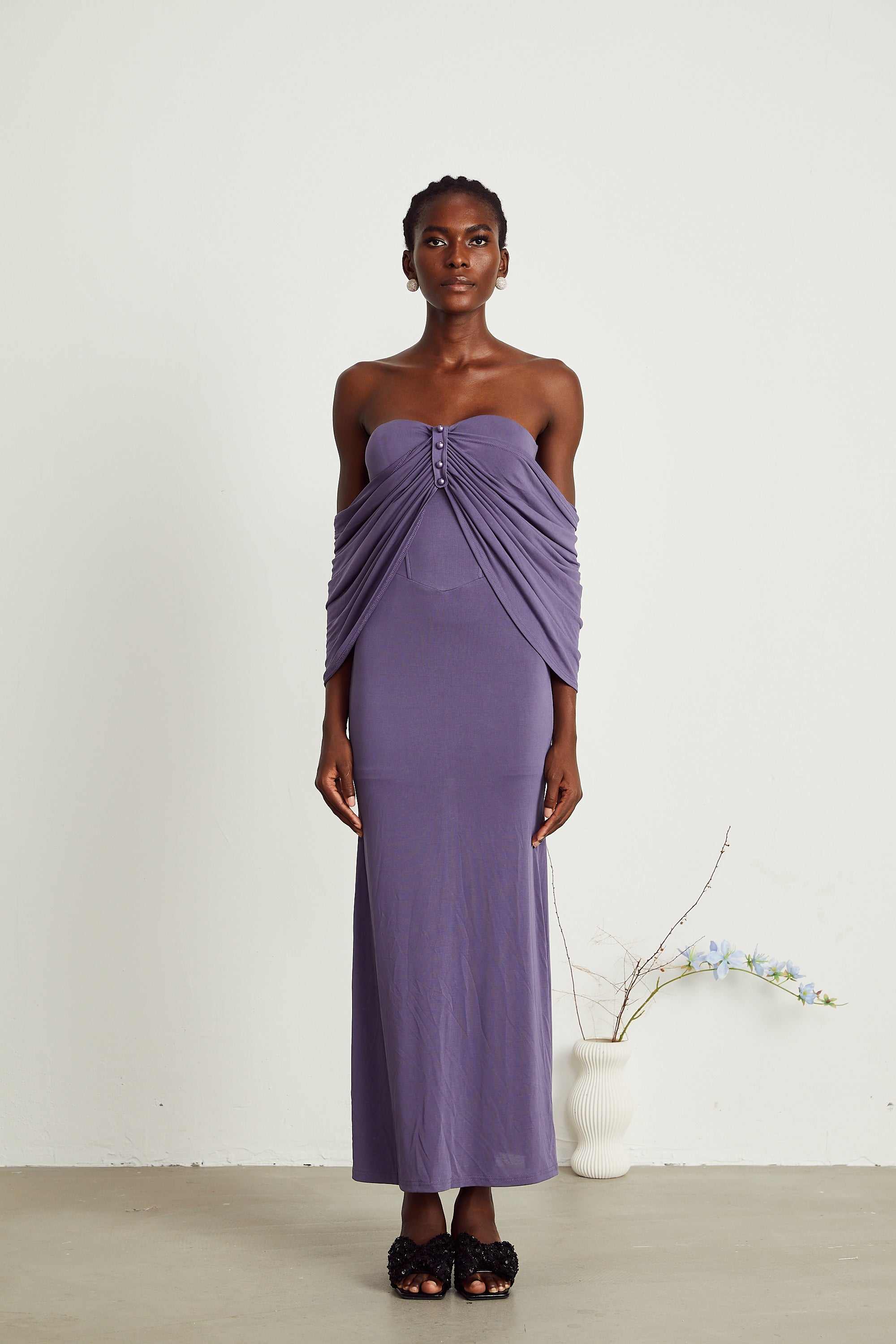 Delphine mor midi elbise