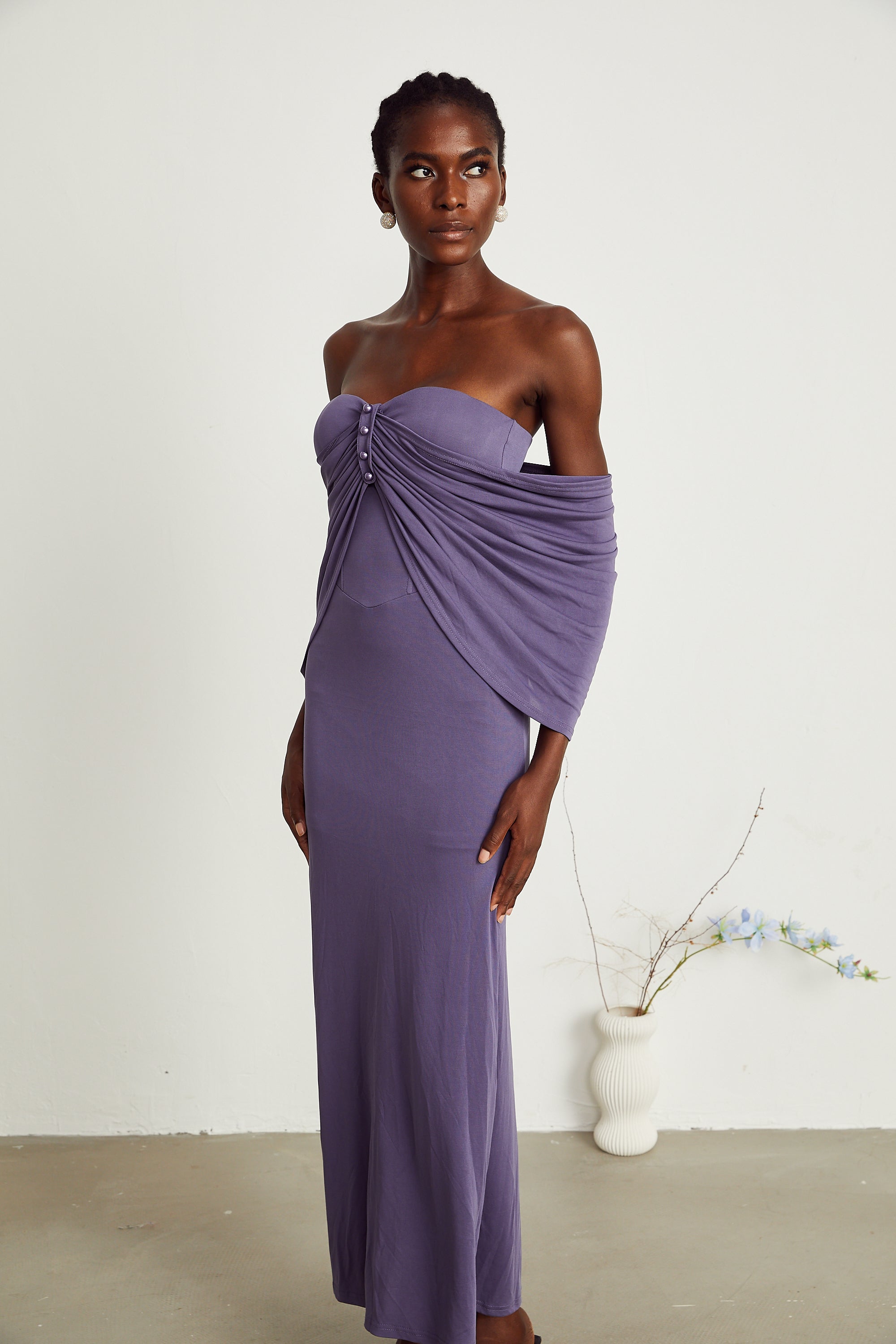 Delphine mor midi elbise
