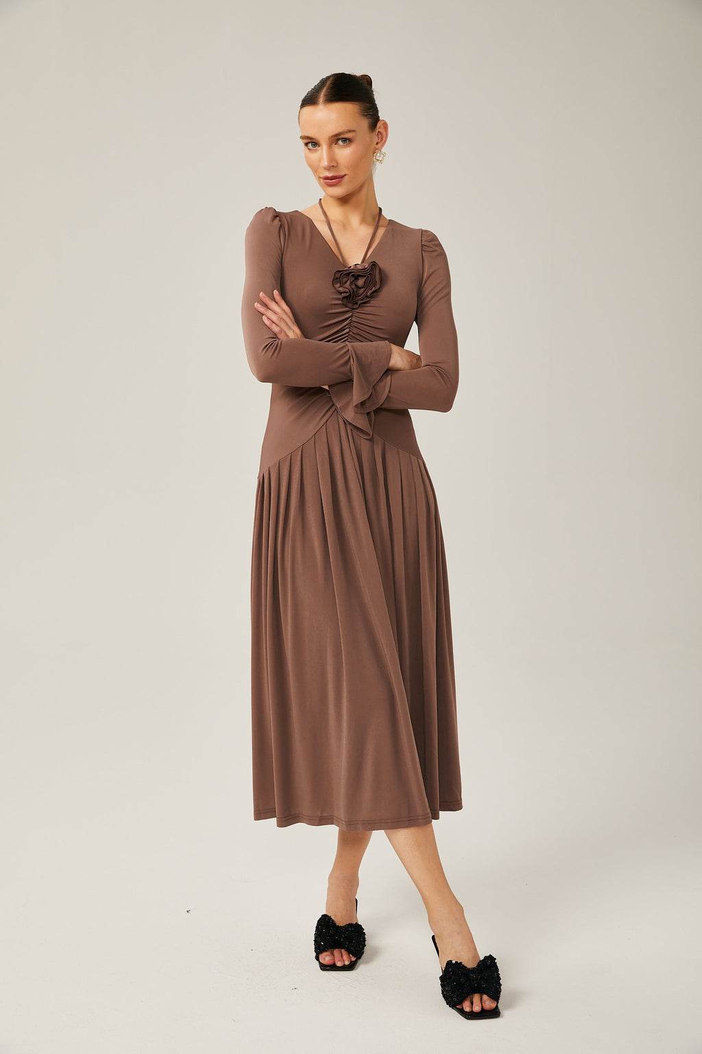 Jacqueline Kahverengi Dantelli Maxi Elbise