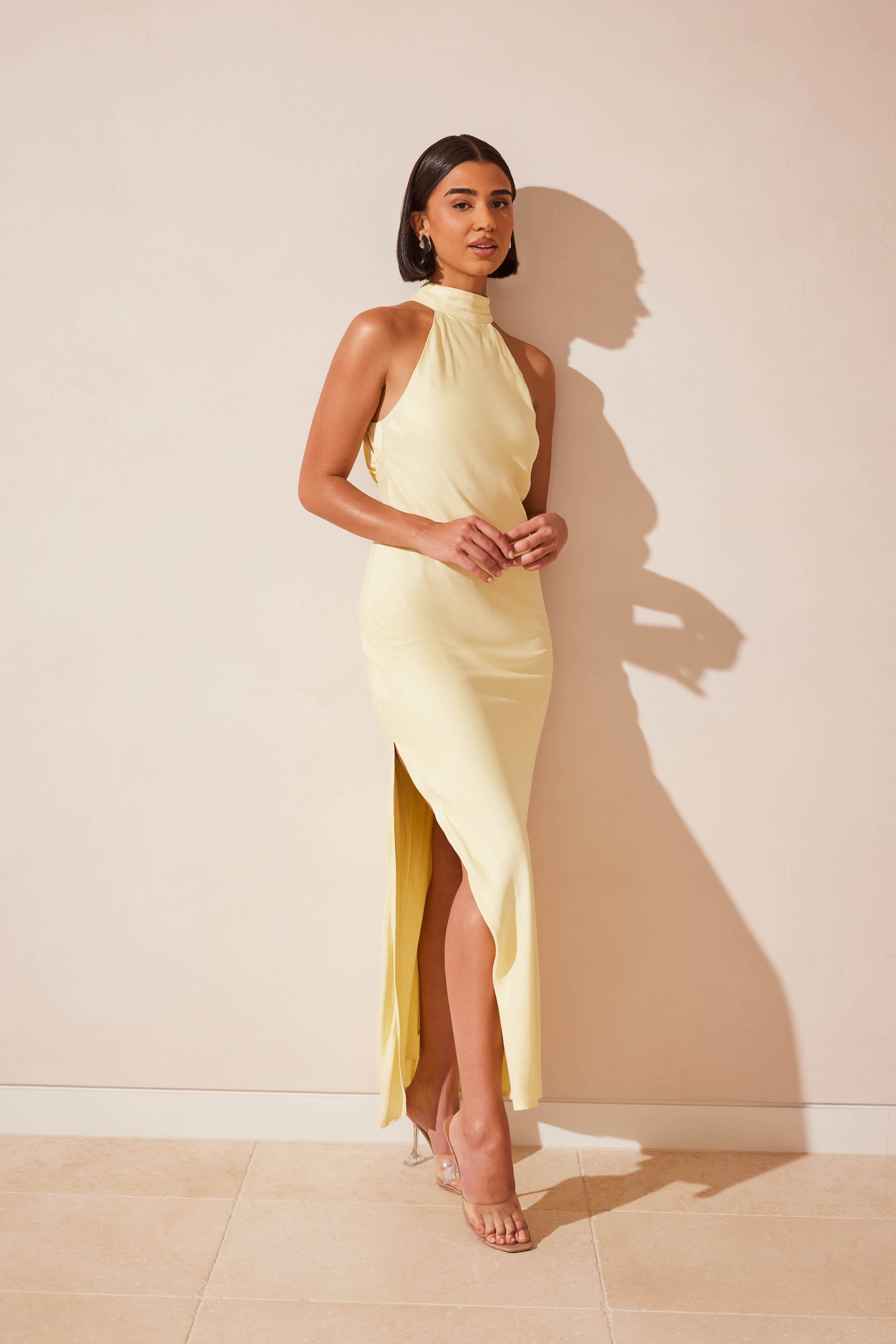 Claire Mat Saten Drape Sırtlı Uzun Elbise - Açık Sarı