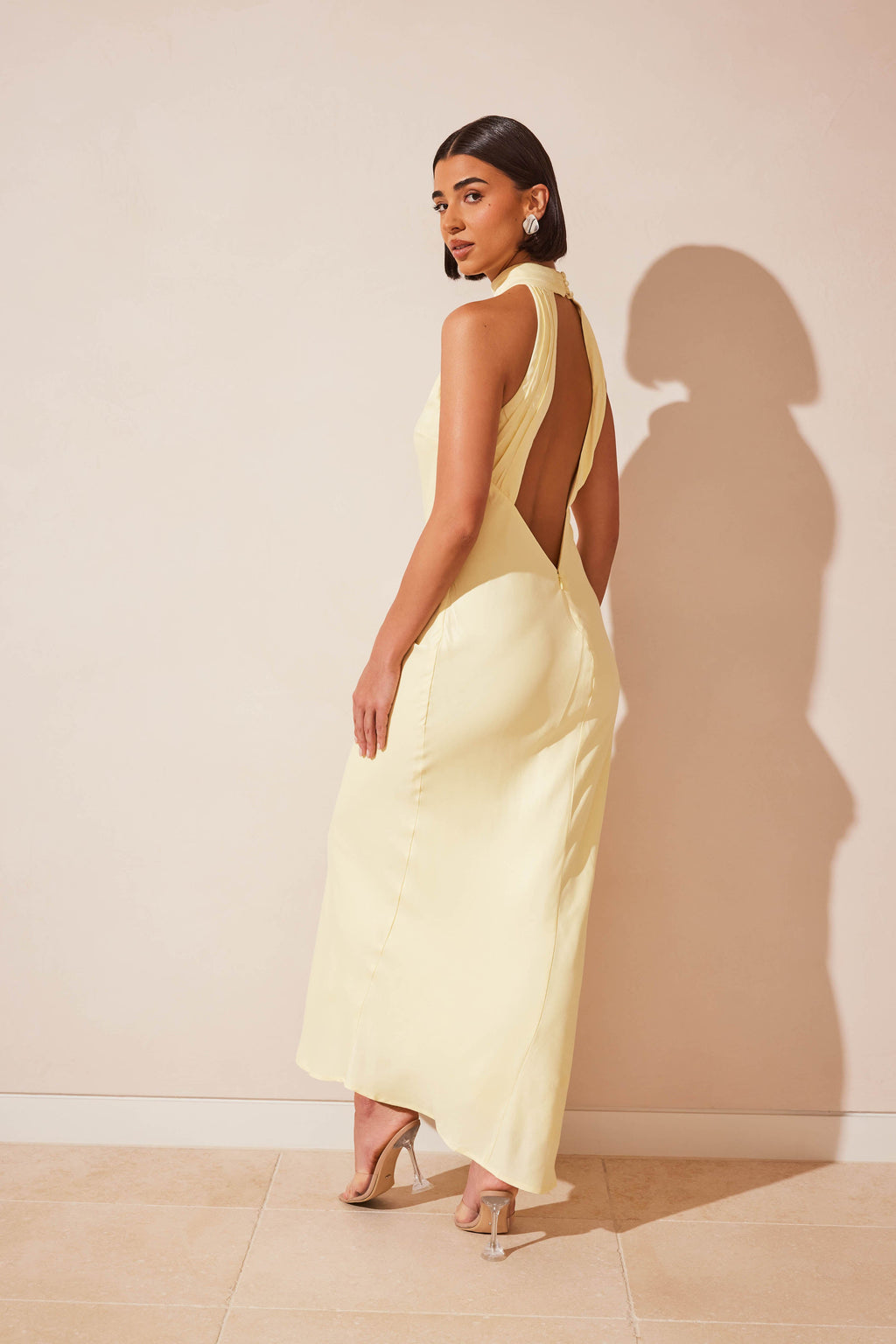 Claire Mat Saten Drape Sırtlı Uzun Elbise - Açık Sarı