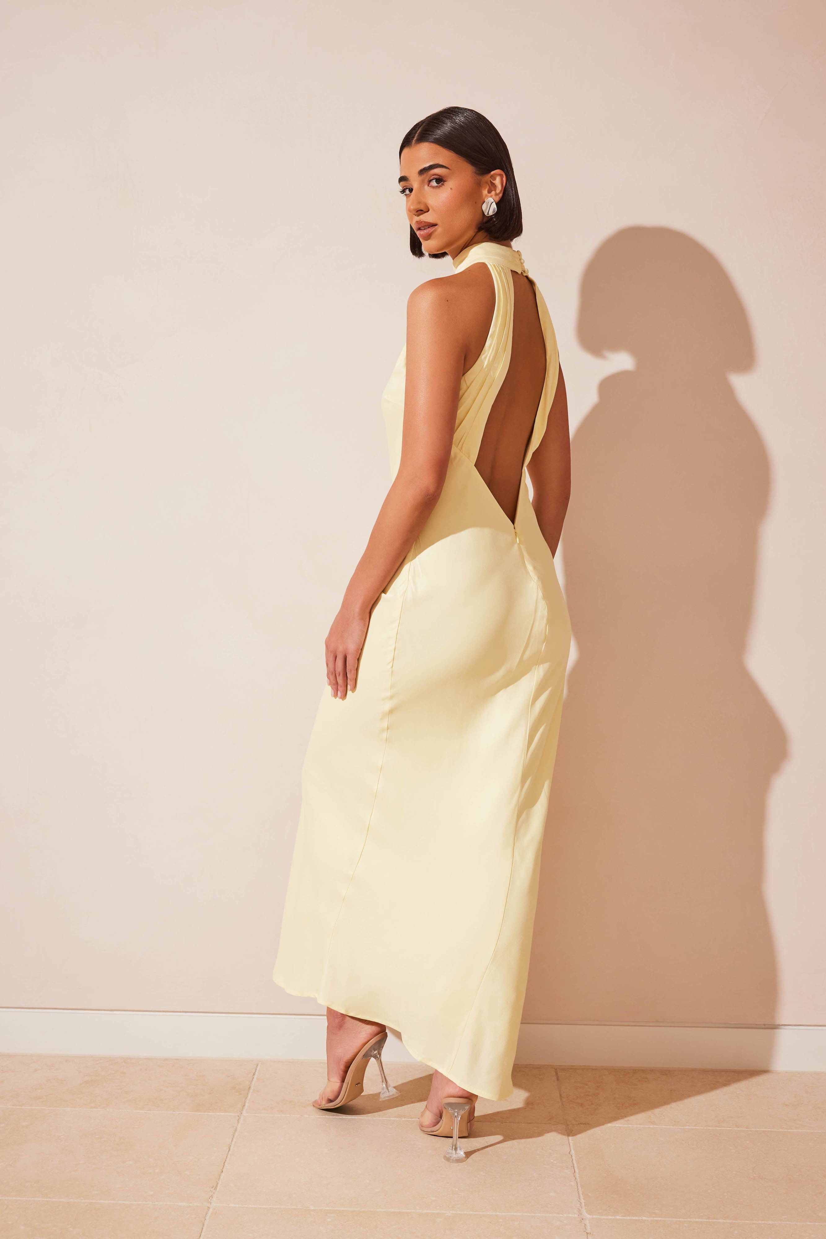 Claire Mat Saten Drape Sırtlı Uzun Elbise - Açık Sarı