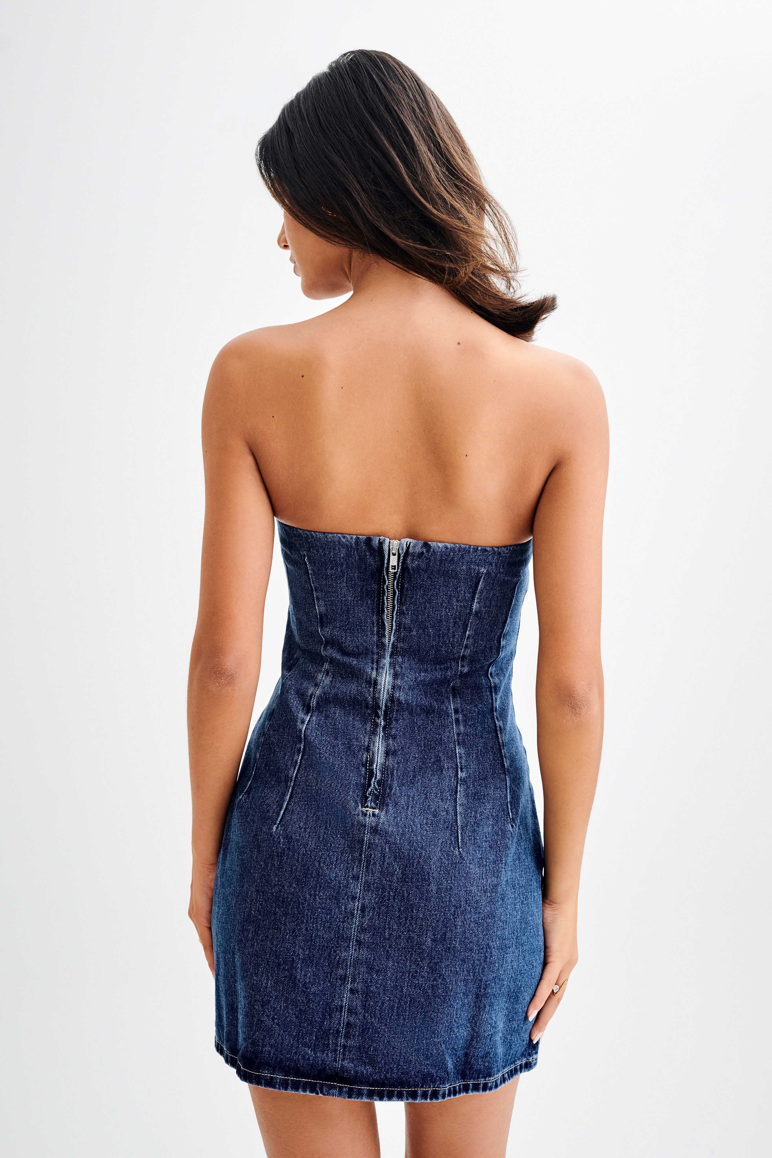 Cecily Straplez Denim Mini Elbise - Koyu Mavi