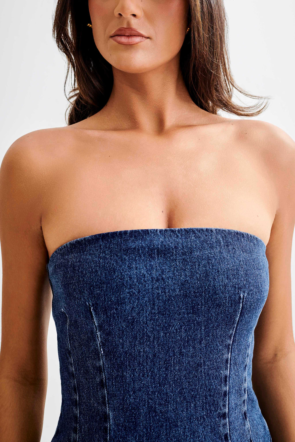 Cecily Straplez Denim Mini Elbise - Koyu Mavi