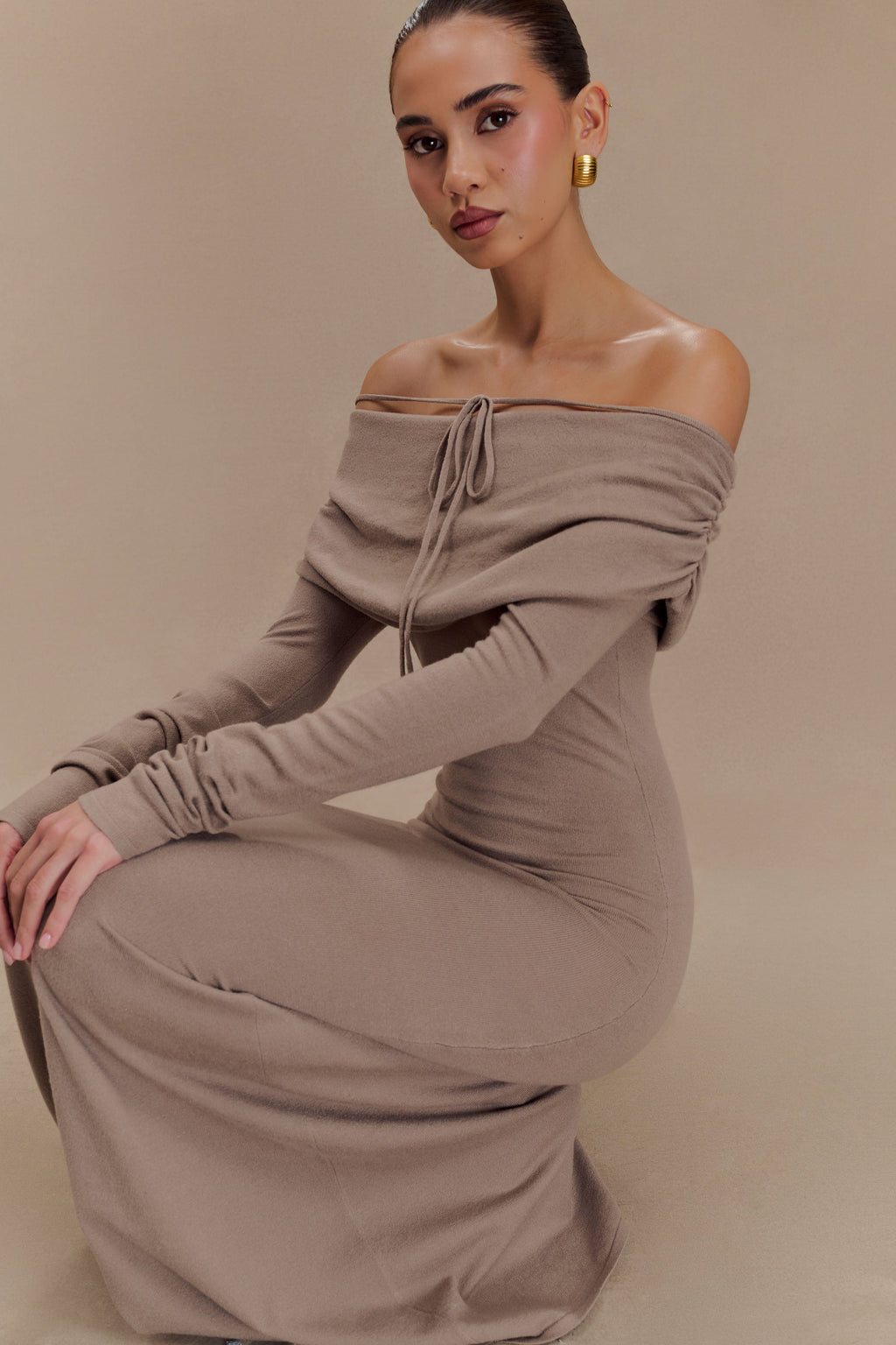 Georgiana Düşük Omuzlu Triko Midi Elbise - Stone Marle