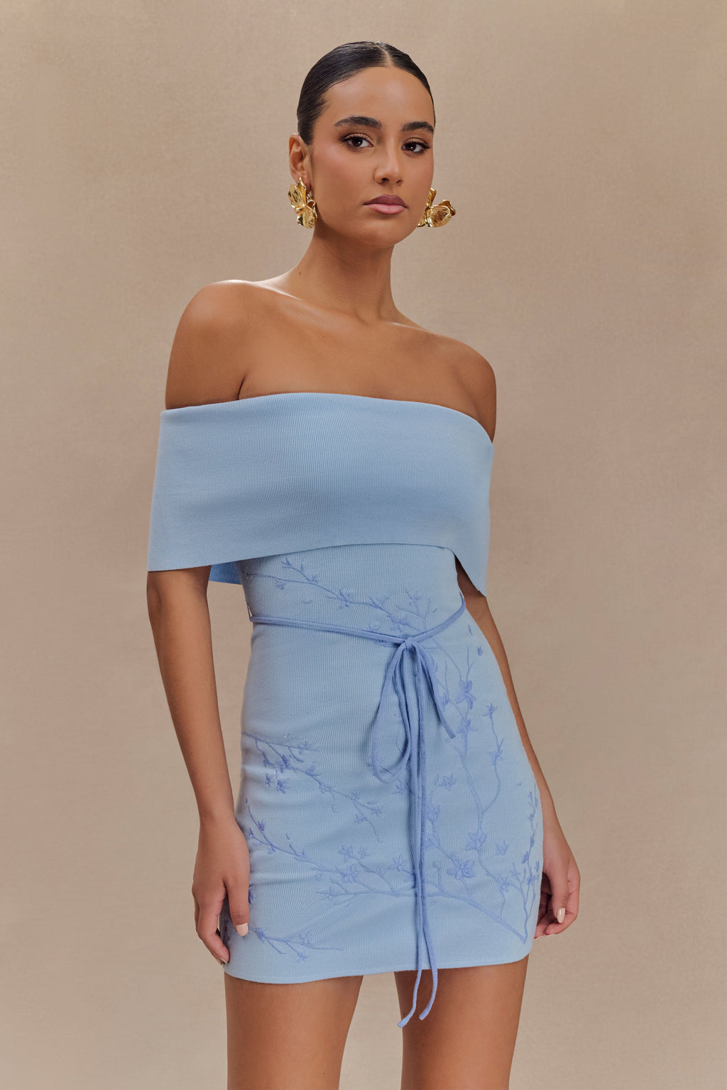 Mallory Düşük Omuz Nakışlı Triko Mini Elbise - Buz Mavisi