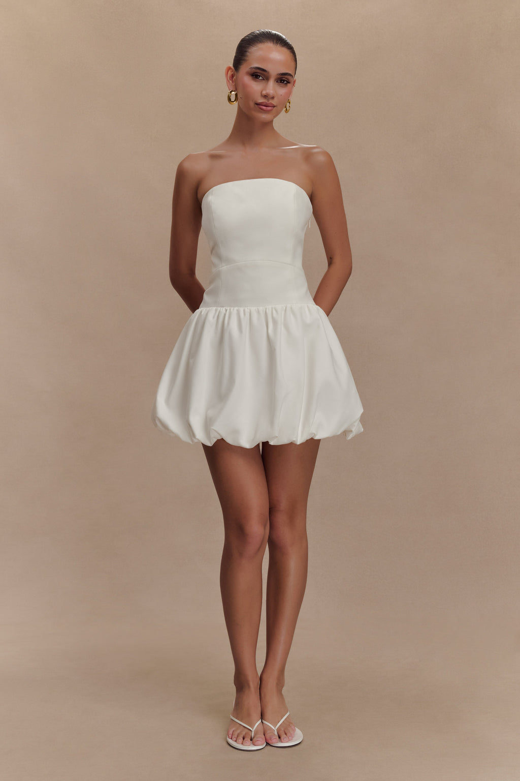 Clementina Straplez Baloncuklu Mini Elbise - Beyaz