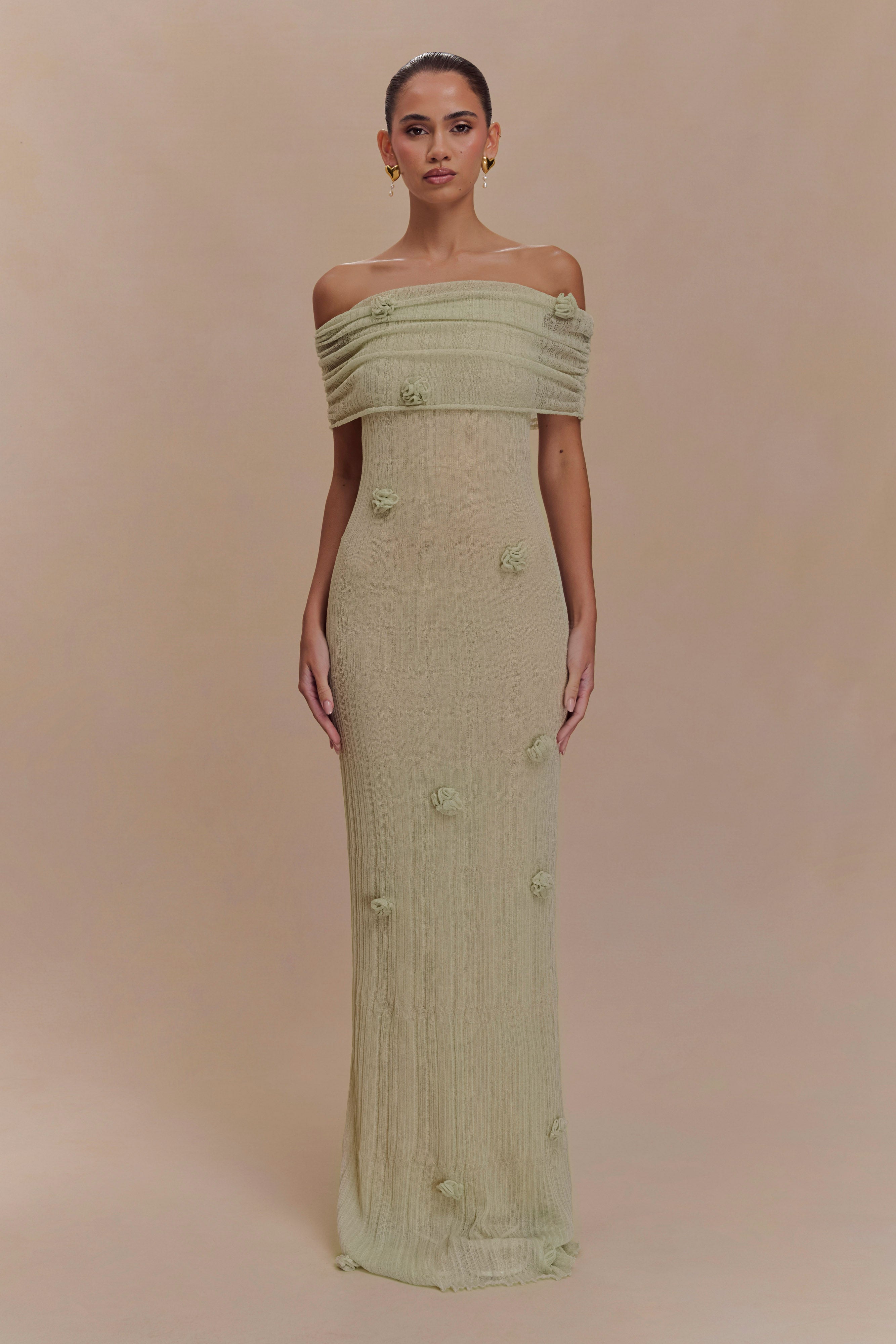 Brynn Orkide Örgü Maxi Elbise - Pastel Yeşil