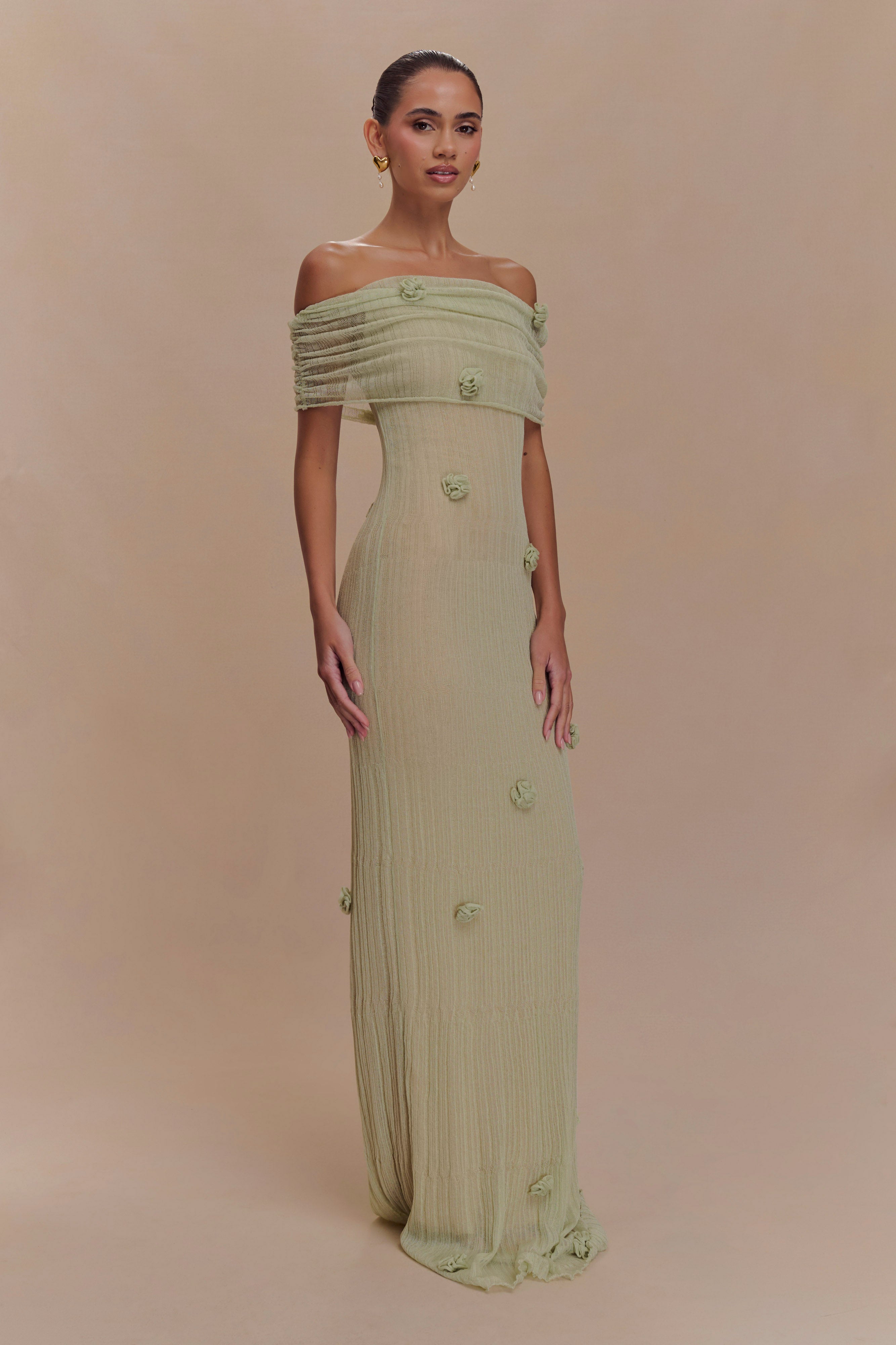 Brynn Orkide Örgü Maxi Elbise - Pastel Yeşil