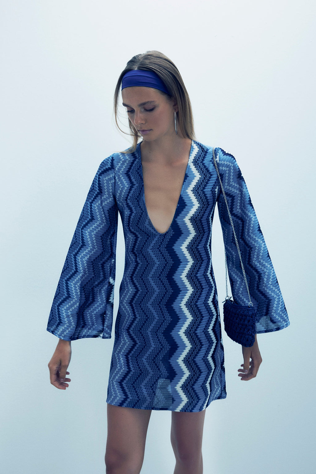 June Örgü Mini Plaj Elbisesi Blue Jasper Zigzag Knit