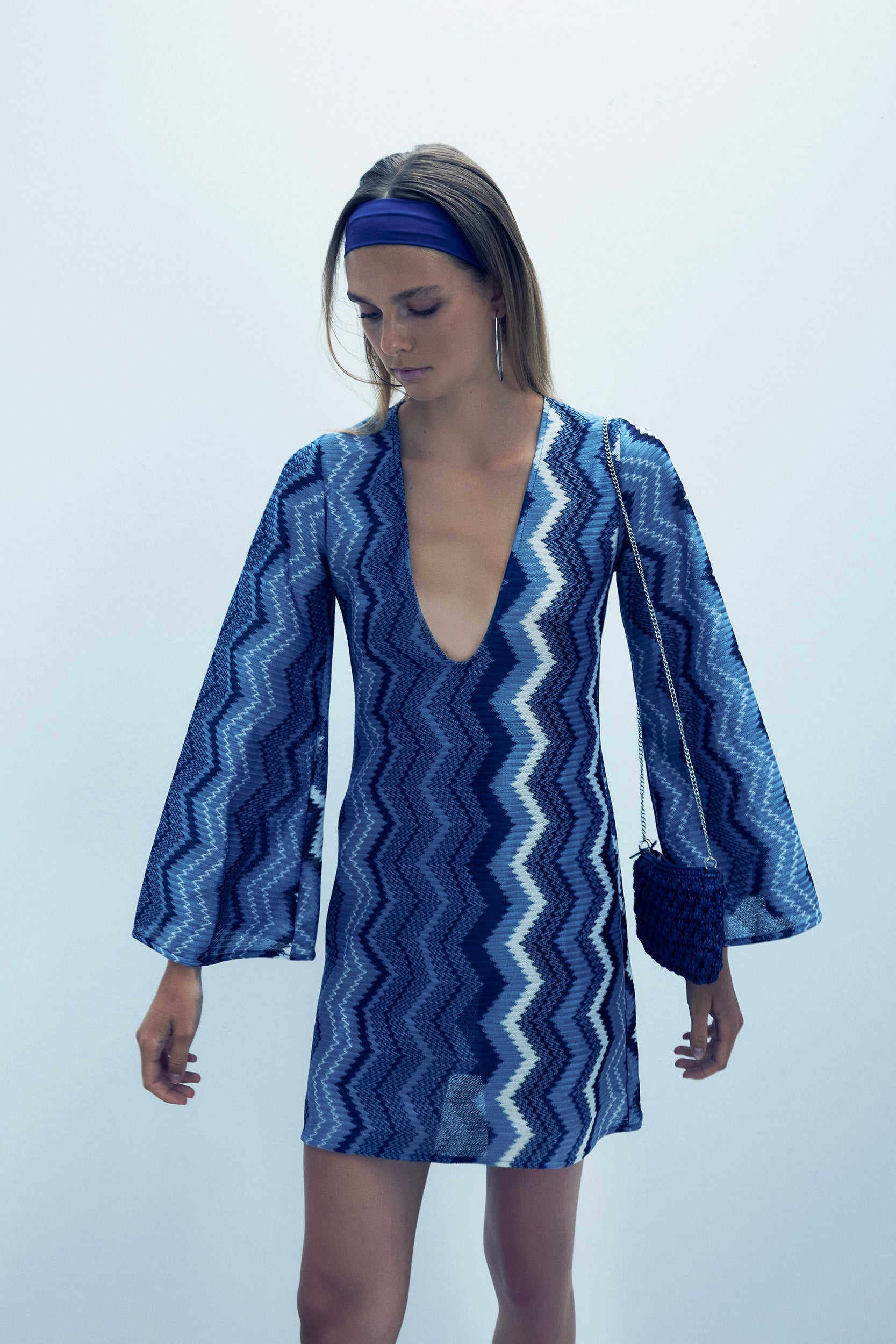 June Örgü Mini Plaj Elbisesi Blue Jasper Zigzag Knit