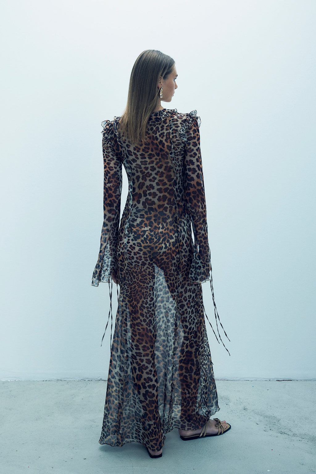 Andrina Şifon Uzun Kollu Fırfırlı Elbise Cheetah