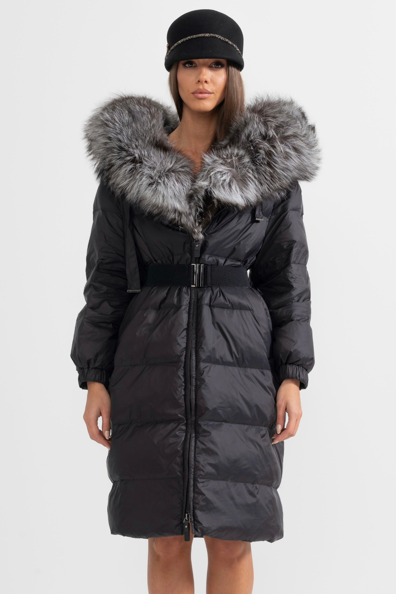 kürk yaka puffer uzun kaban