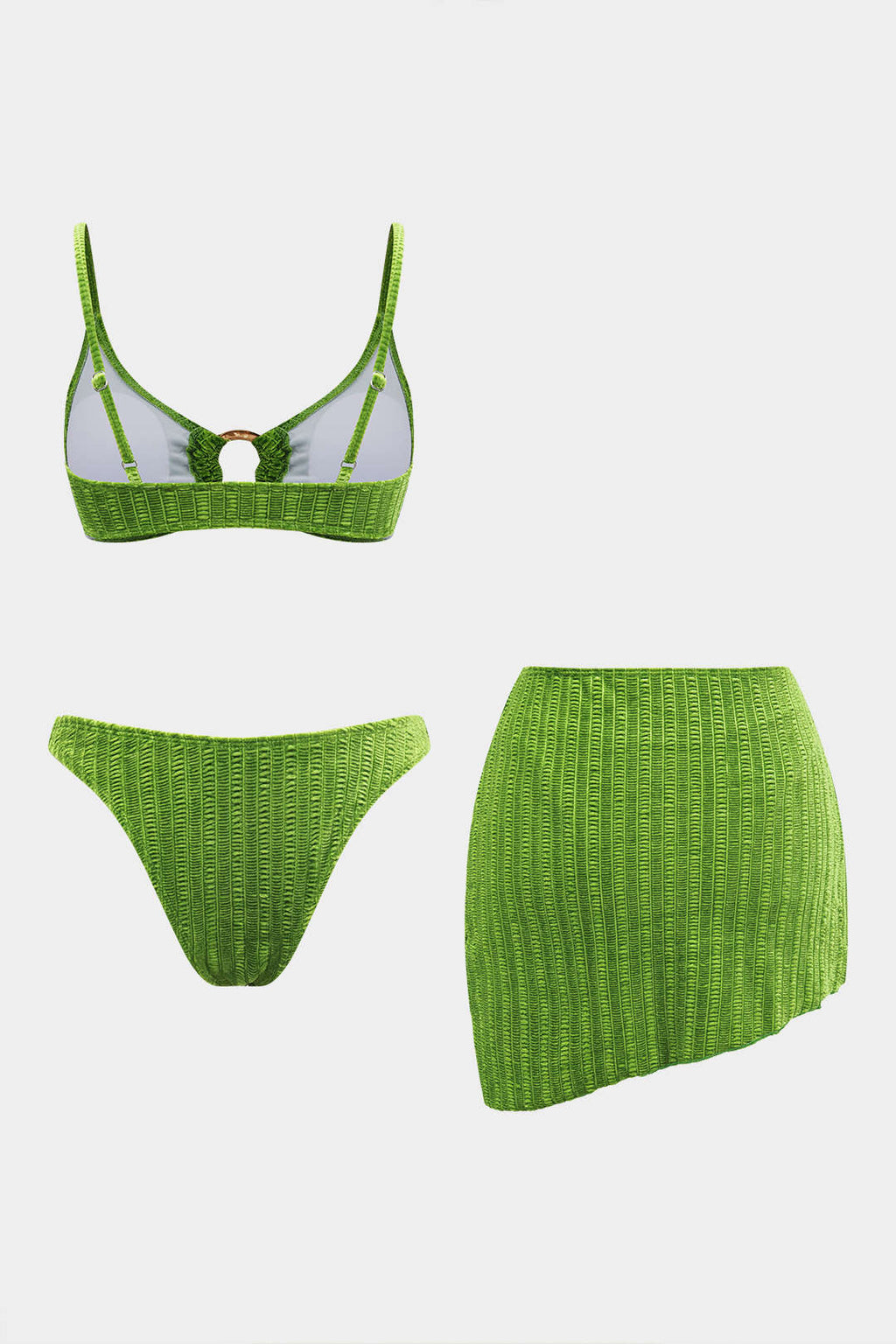 Kadife Dokulu Bikini ve Mayo Eteği Pareo 3 Parça Takım