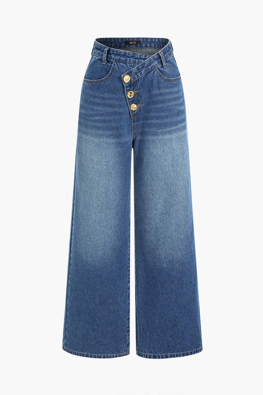 Denim Düğmeli Asimetrik Geniş Paça Jean