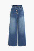 Denim Düğmeli Asimetrik Geniş Paça Jean
