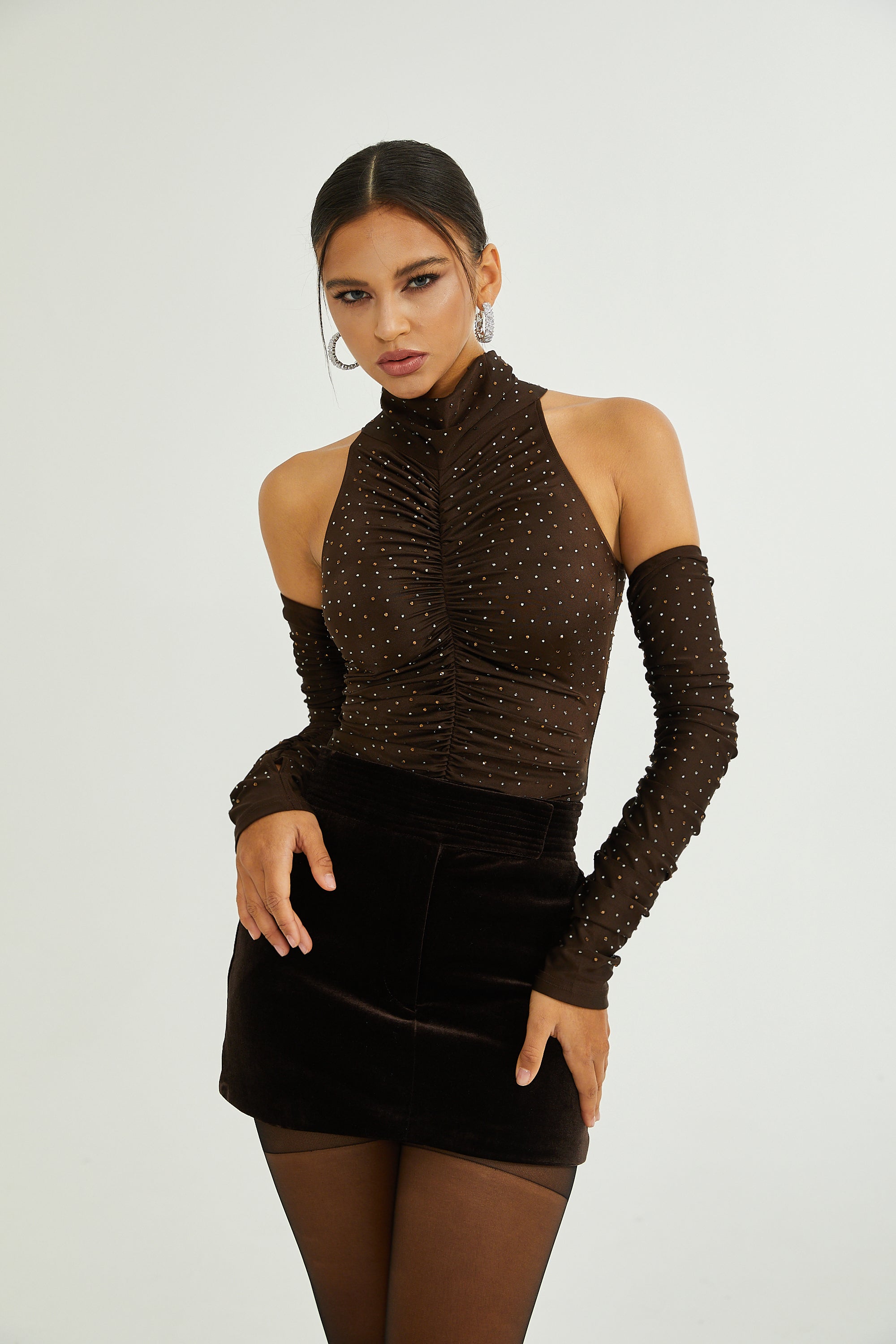 Rose-Suzette Kahverengi Kristal İşlemeli Body