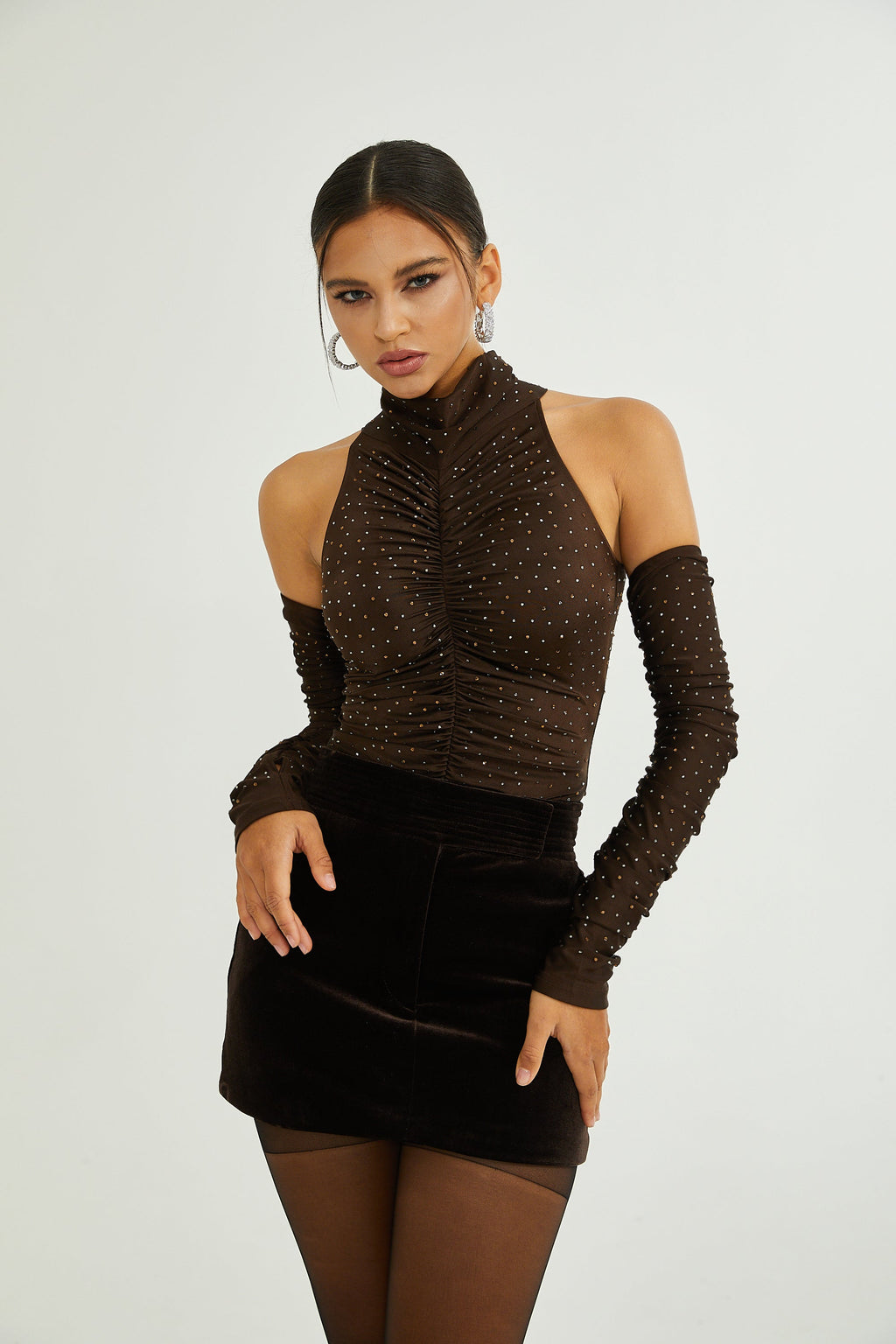 Rose-Suzette Kahverengi Kristal İşlemeli Body