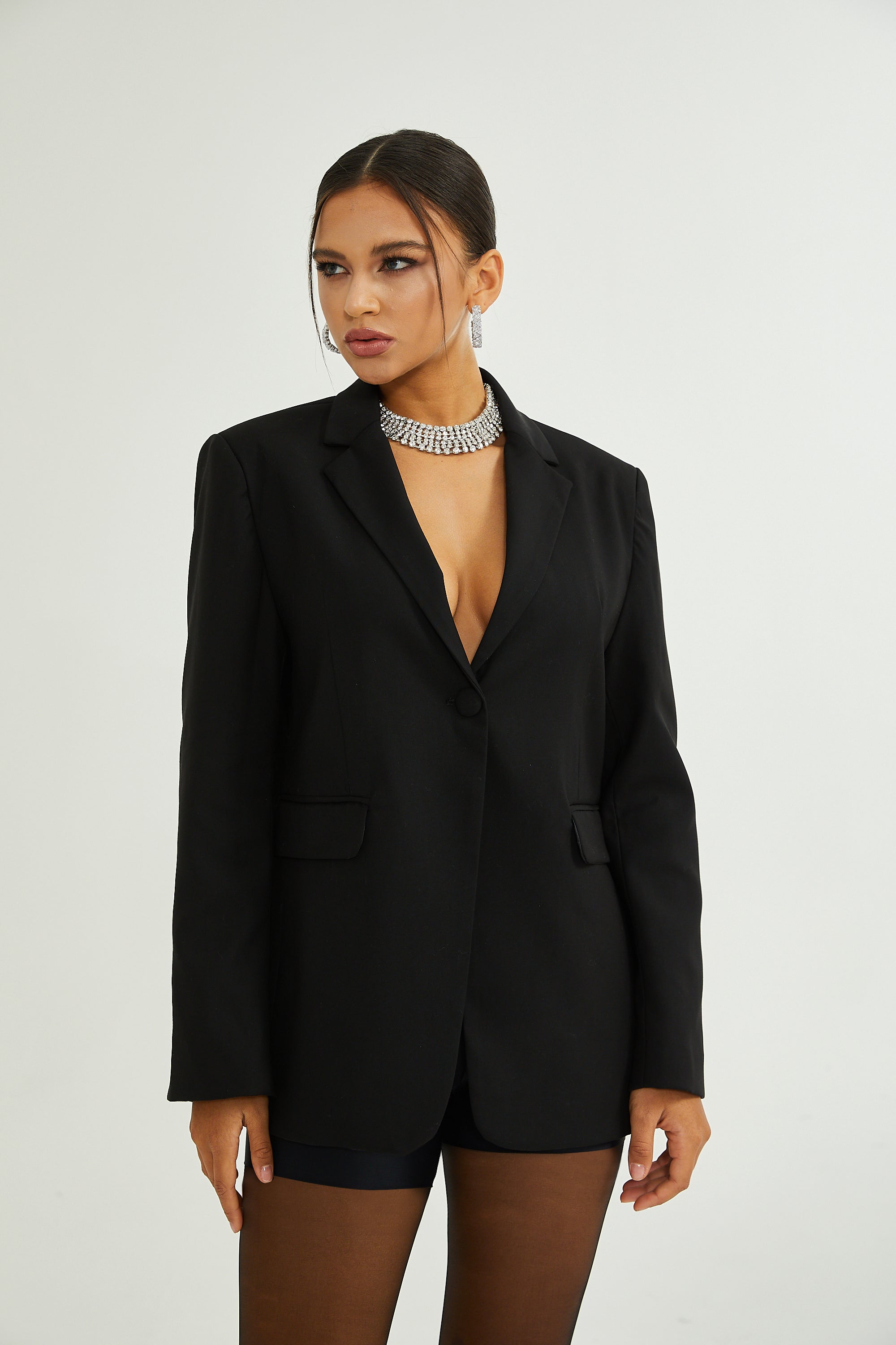 Renée Siyah Bol Kesim Tek Düğmeli Yün Blazer