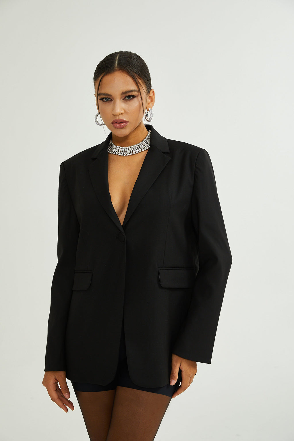 Renée Siyah Bol Kesim Tek Düğmeli Yün Blazer