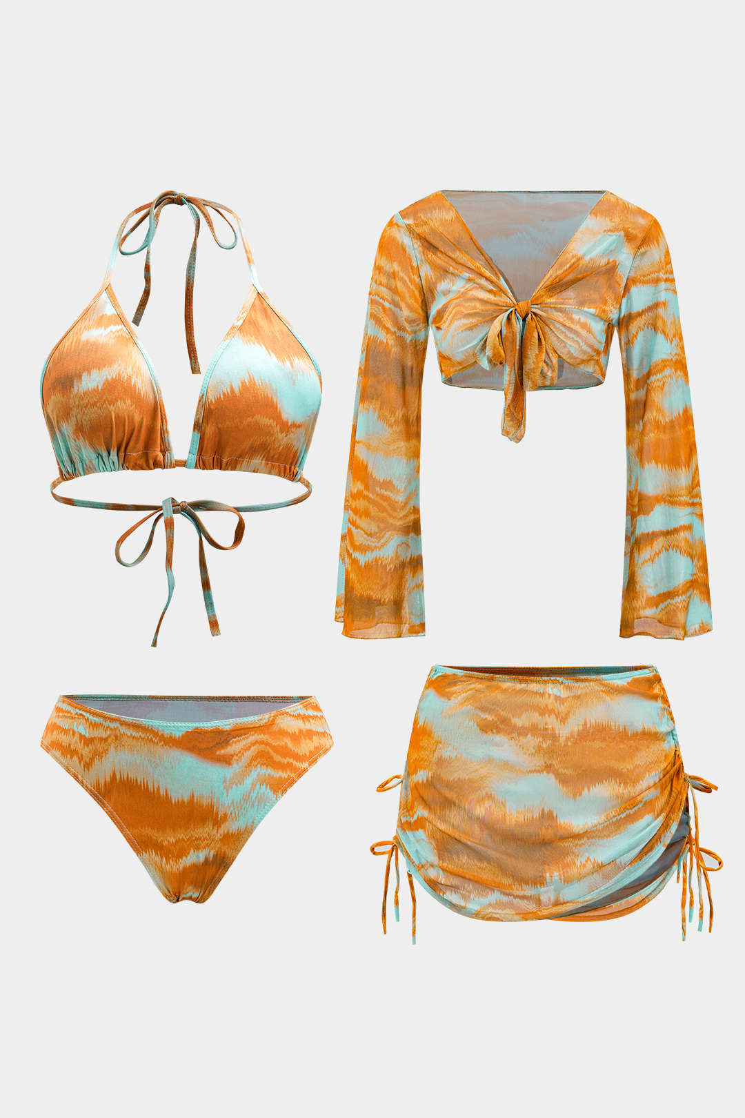 Baskılı Uzun Kollu Üst, Bağcıklı Bikini ve Mayo Eteği Pareo Takım