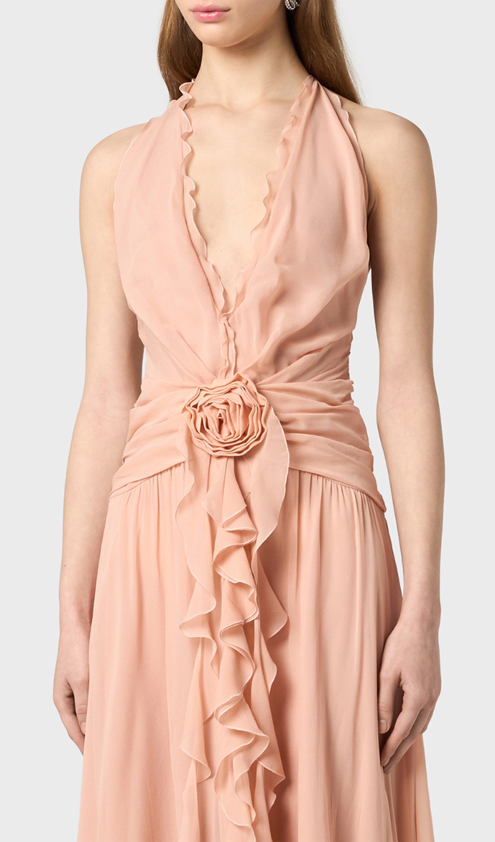 Halter Ruffles Gül Süslemeli Maksi Elbise