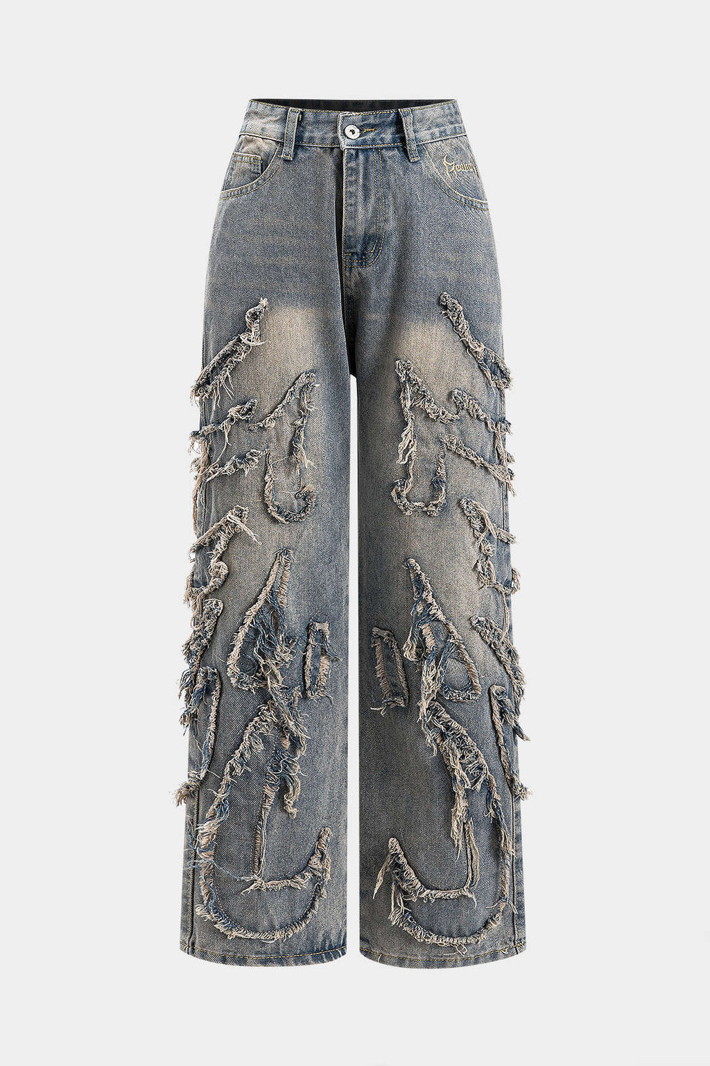 Harf Nakışlı Yıkamalı Denim Düğmeli Cep Jean