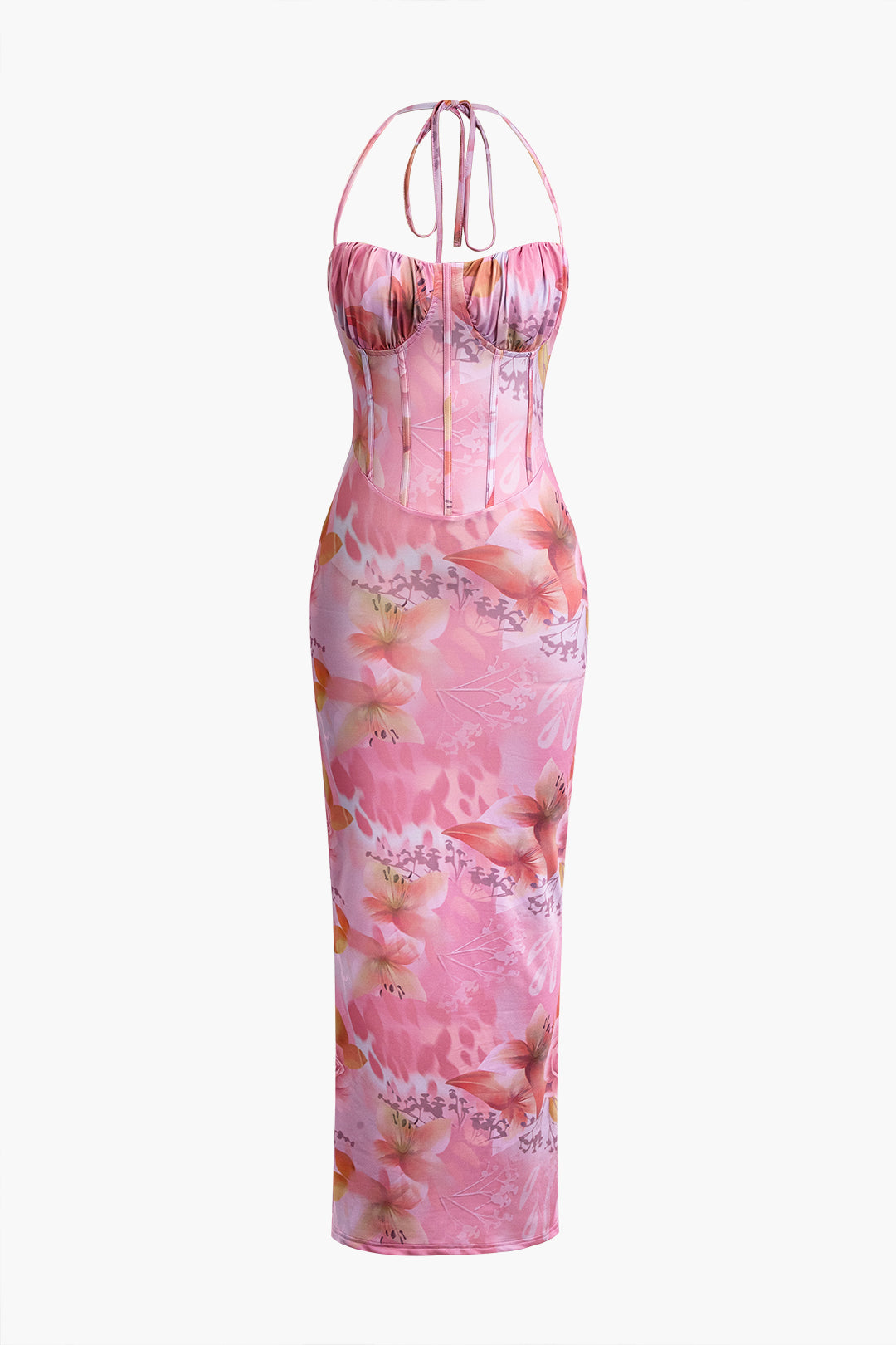 Çiçek Desenli Halter Yaka Yırtmaçlı Korse Midi Elbise