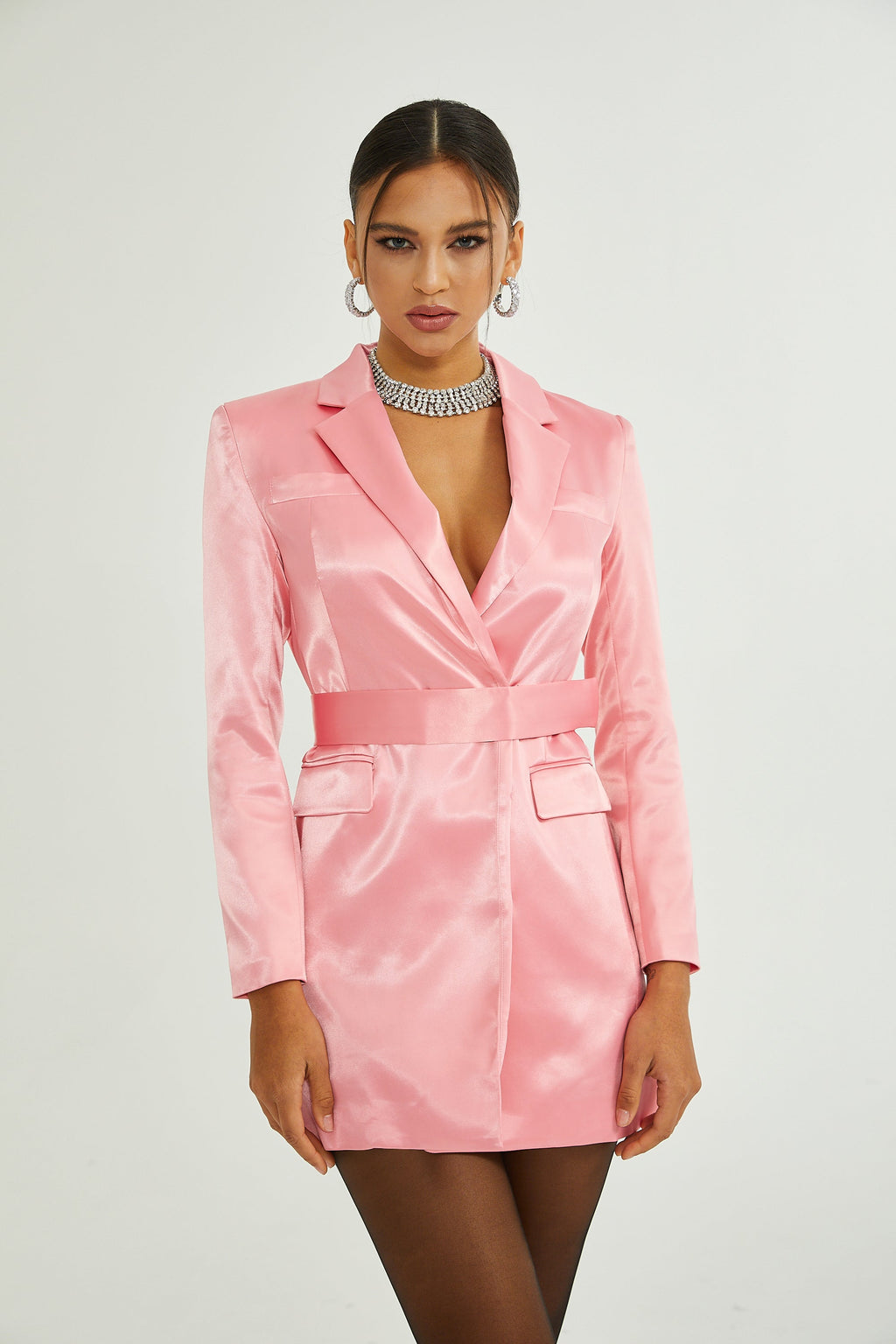 Coralie Pembe Belden Kuşaklı Saten Blazer Elbise