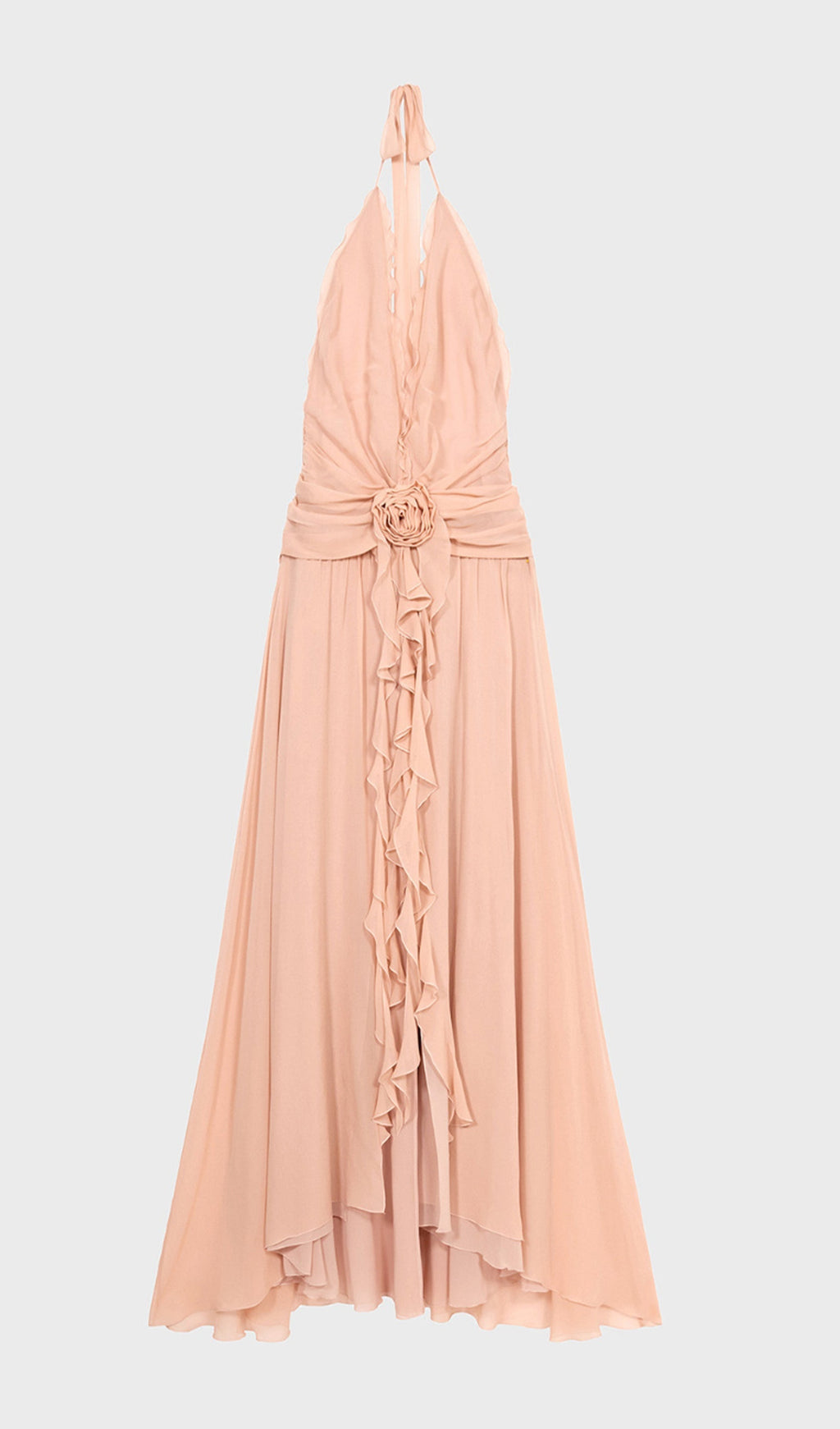 Halter Ruffles Gül Süslemeli Maksi Elbise