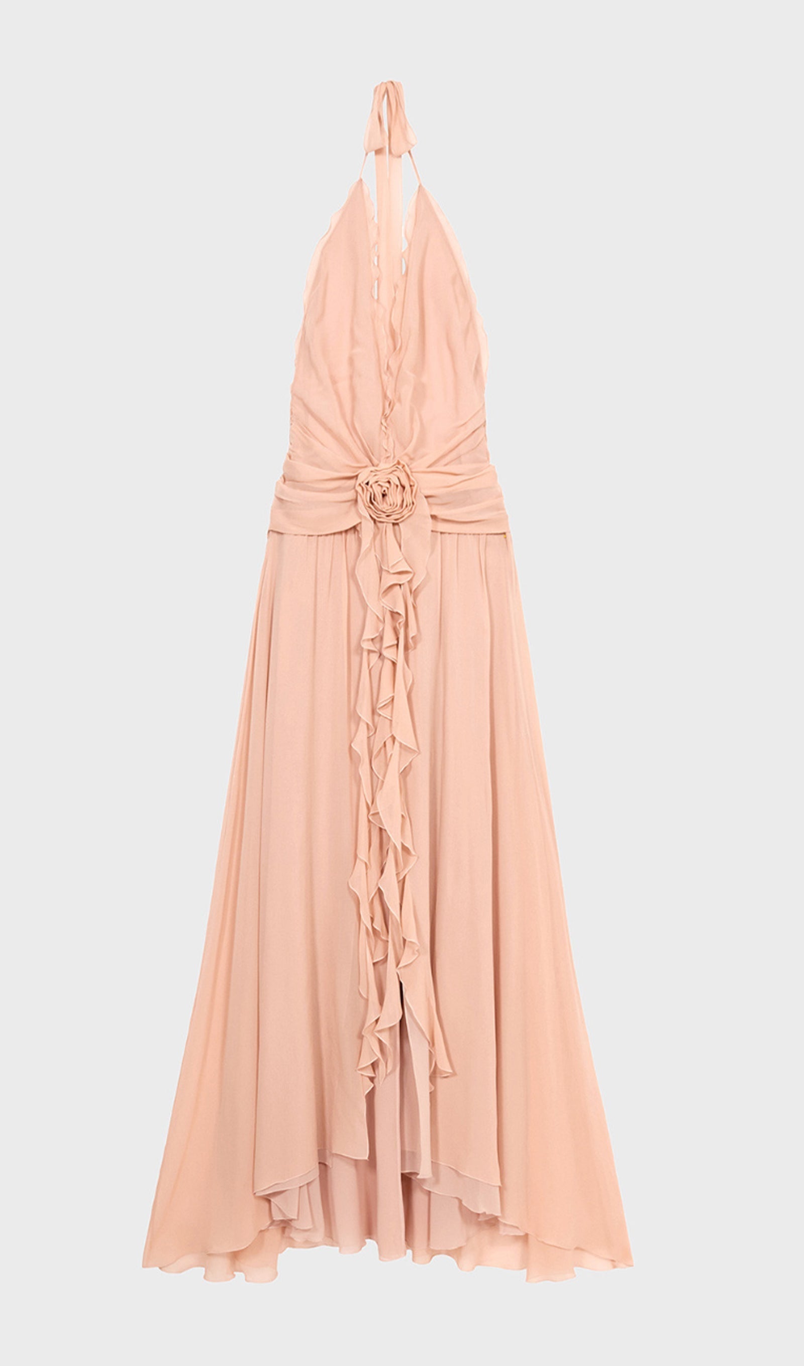 Halter Ruffles Gül Süslemeli Maksi Elbise