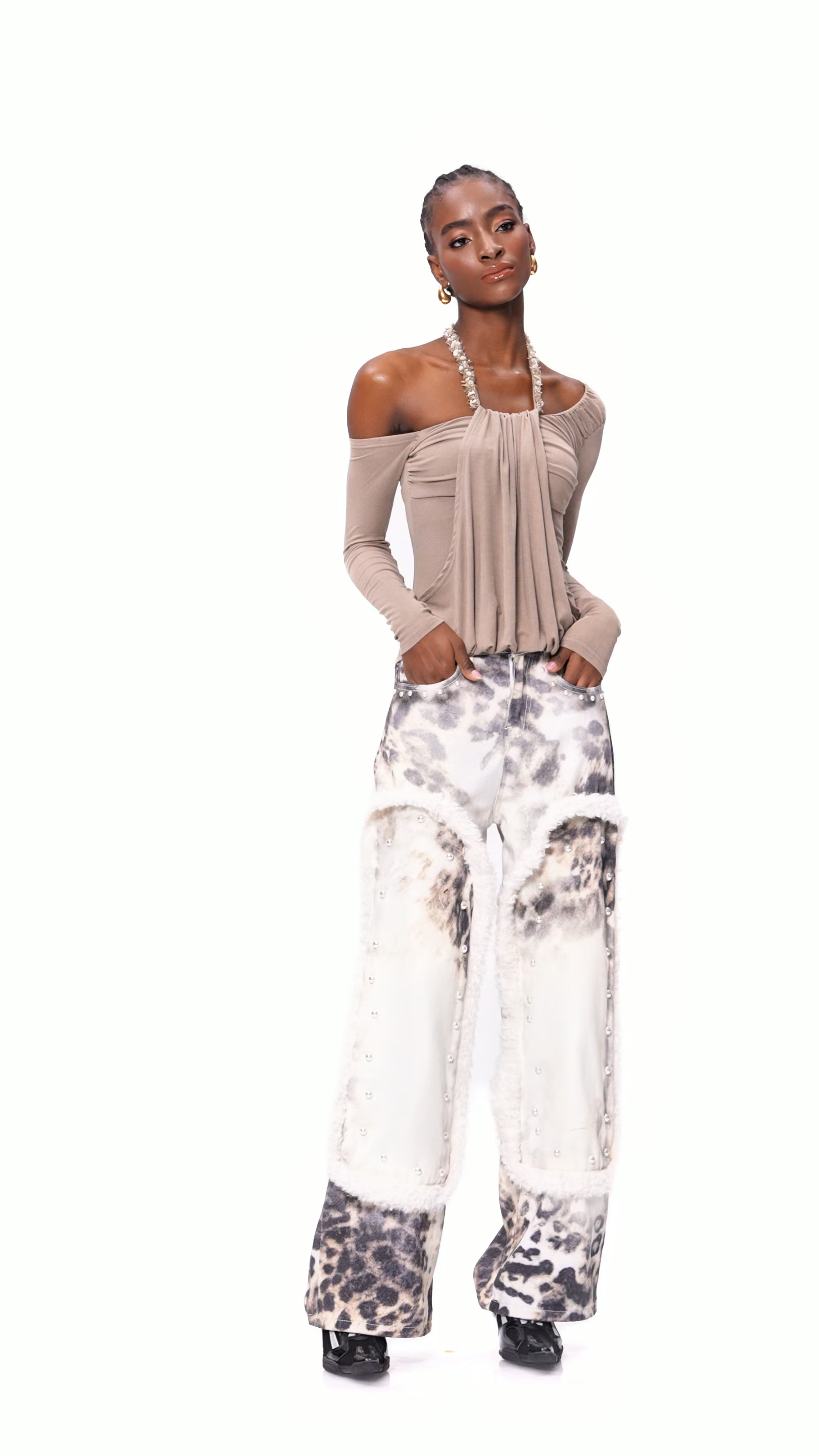 Ender Pearl Leopar Desenli Ağartılmış Kot Pantolon