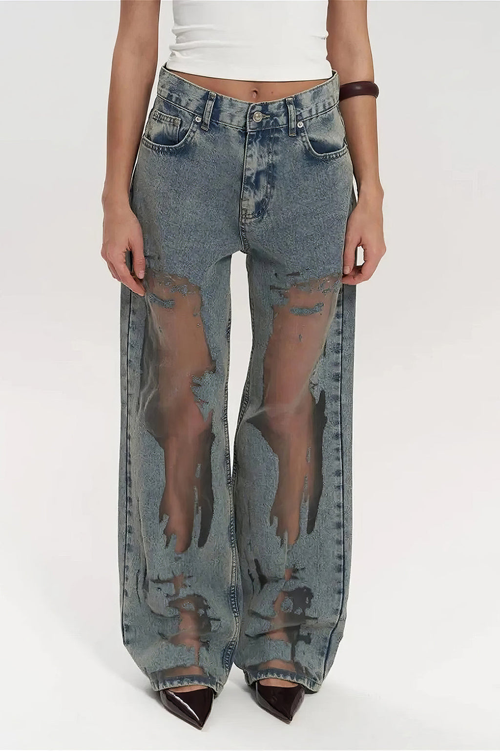 Denim Yama Detaylı File Düğmeli Cep Kesik Detaylı Geniş Paça Jean