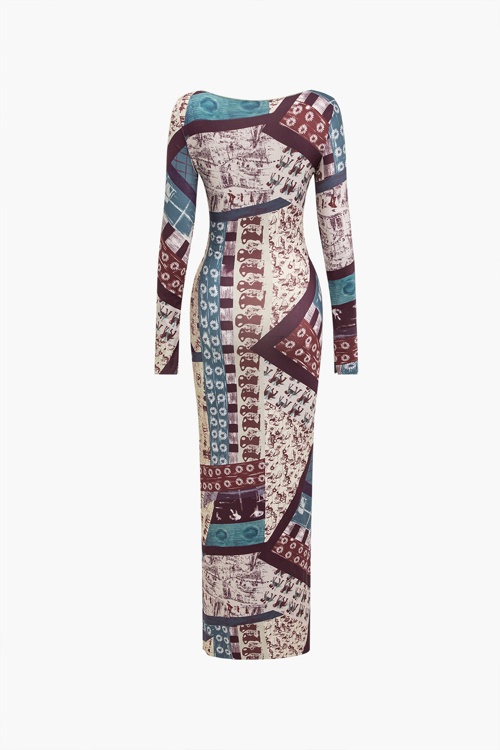 Soyut Patchwork Baskılı Uzun Kollu maksi Elbise