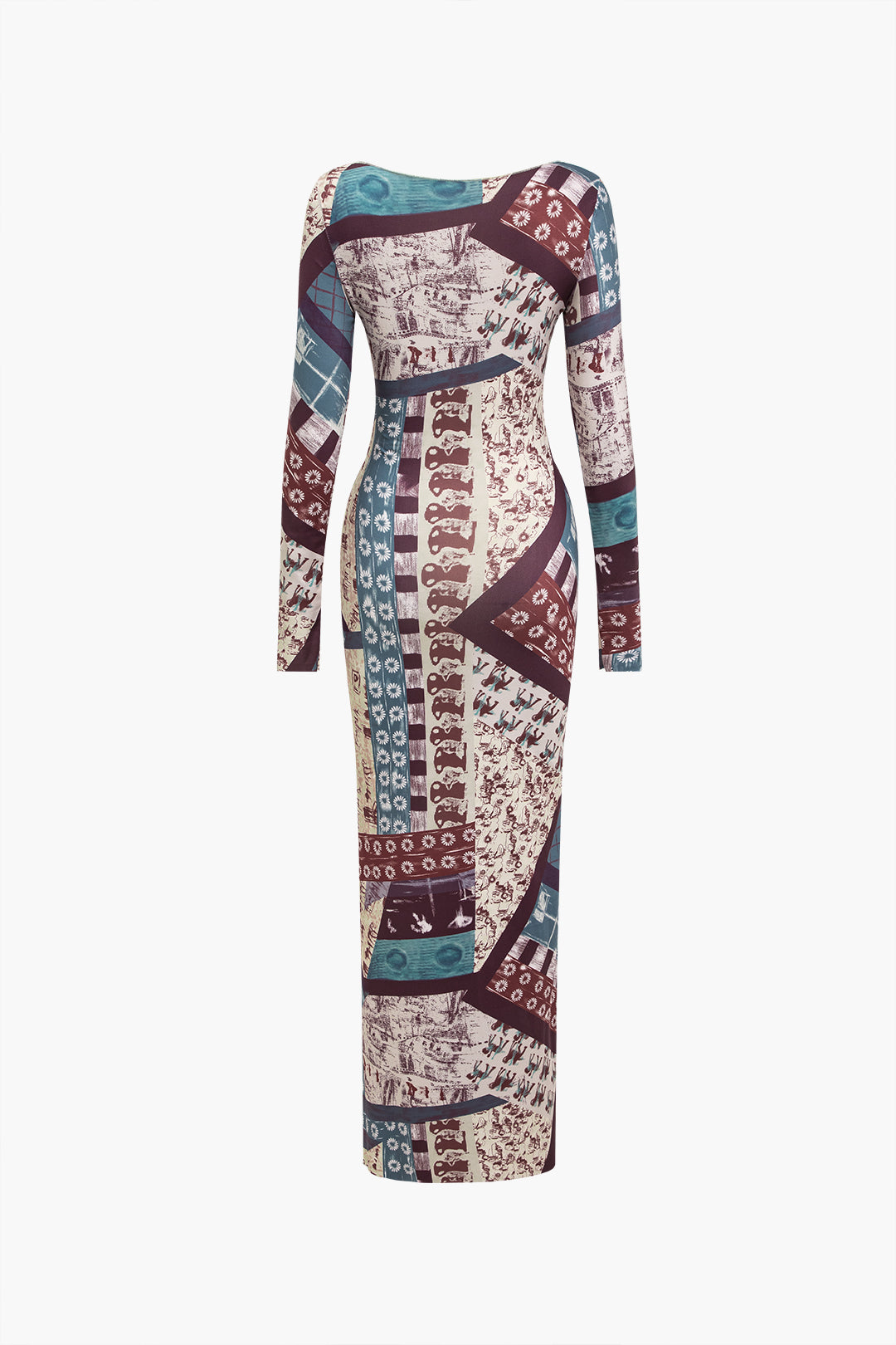 Soyut Patchwork Baskılı Uzun Kollu maksi Elbise