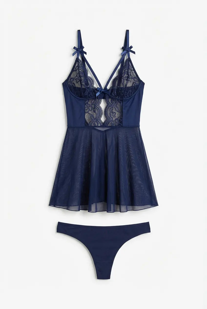 Midnight Lace Şeffaf Babydoll Takımı - Lacivert