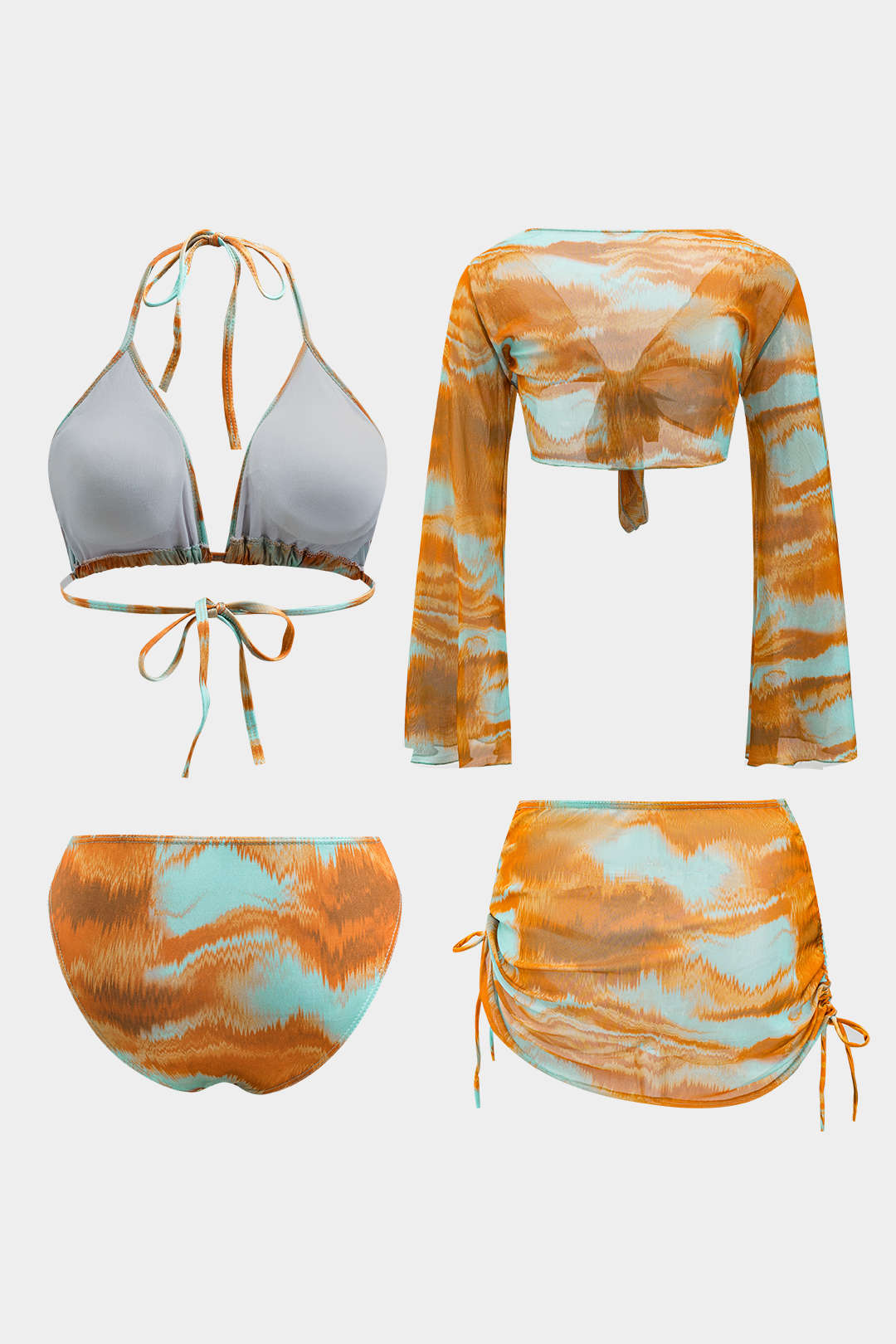 Baskılı Uzun Kollu Üst, Bağcıklı Bikini ve Mayo Eteği Pareo Takım