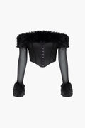 Kürk Detaylı Düşük Omuz Korse Crop Top