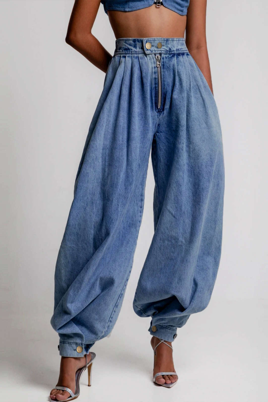 Yüksek bel lastikli Denim Barrel Kot