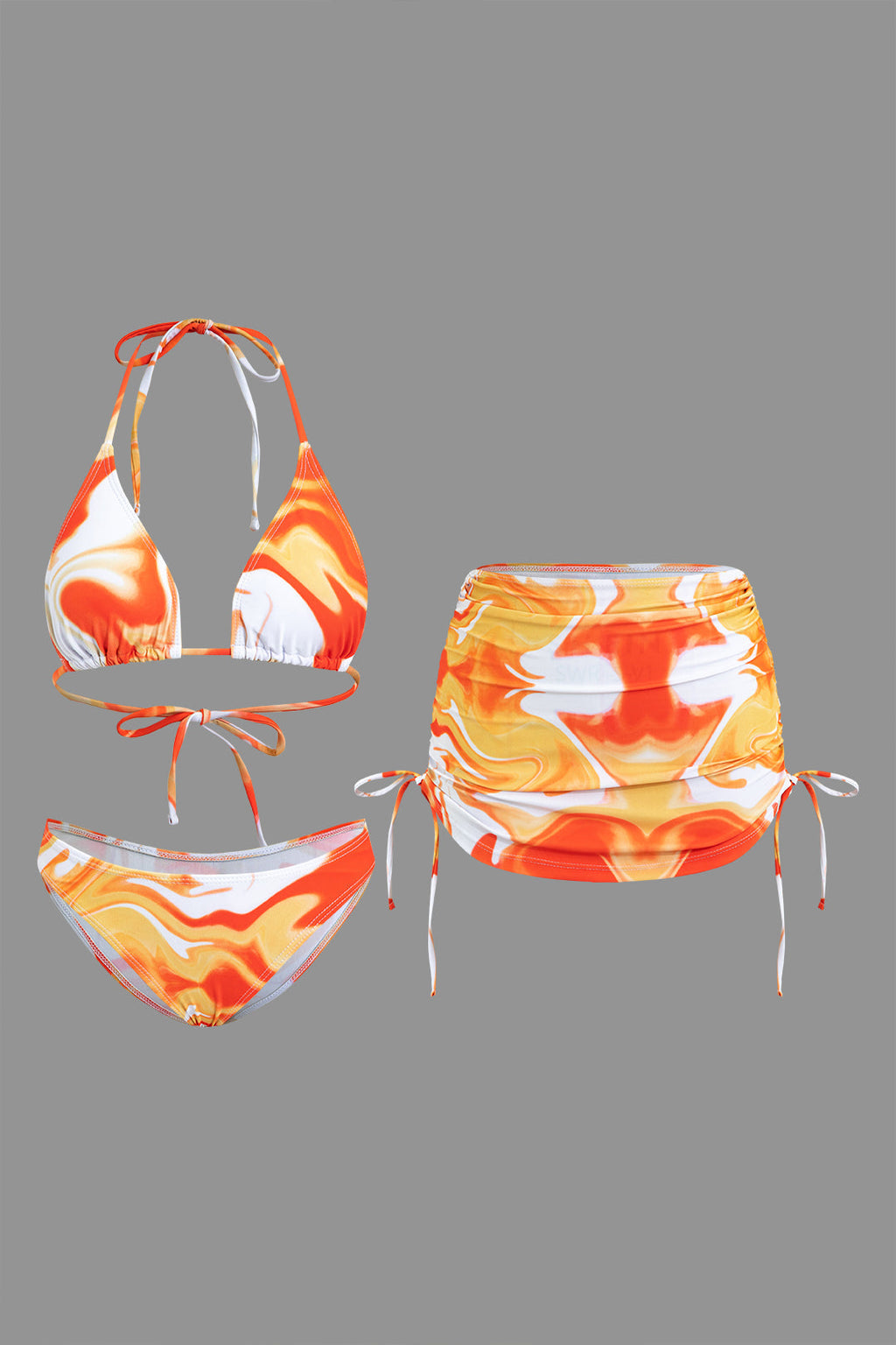 Desenli Sırt Dekolteli Bikini ve Mayo Eteği Pareo Takımı