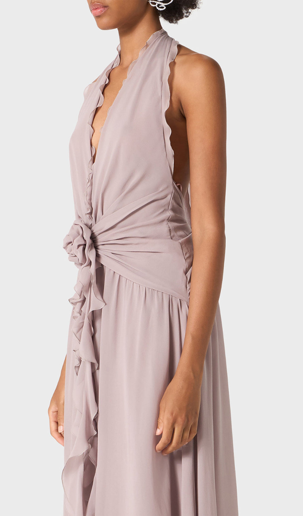 Halter Ruffles Gül Süslemeli Maksi Elbise