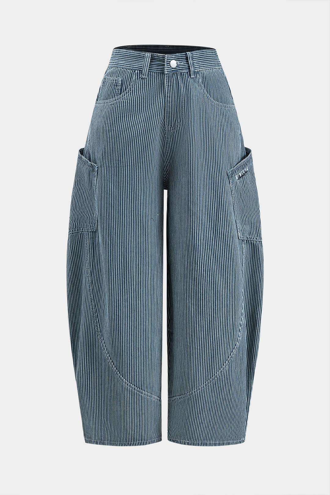 Harf Nakışlı Denim Çizgili Düğmeli Cep Detaylı Geniş Paça Pantolon