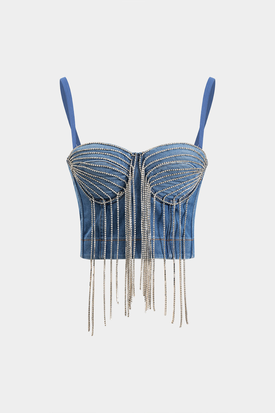 Denim Straz Taşlı Fringeli Büstiyer Sırt Dekolteli Askılı Üst