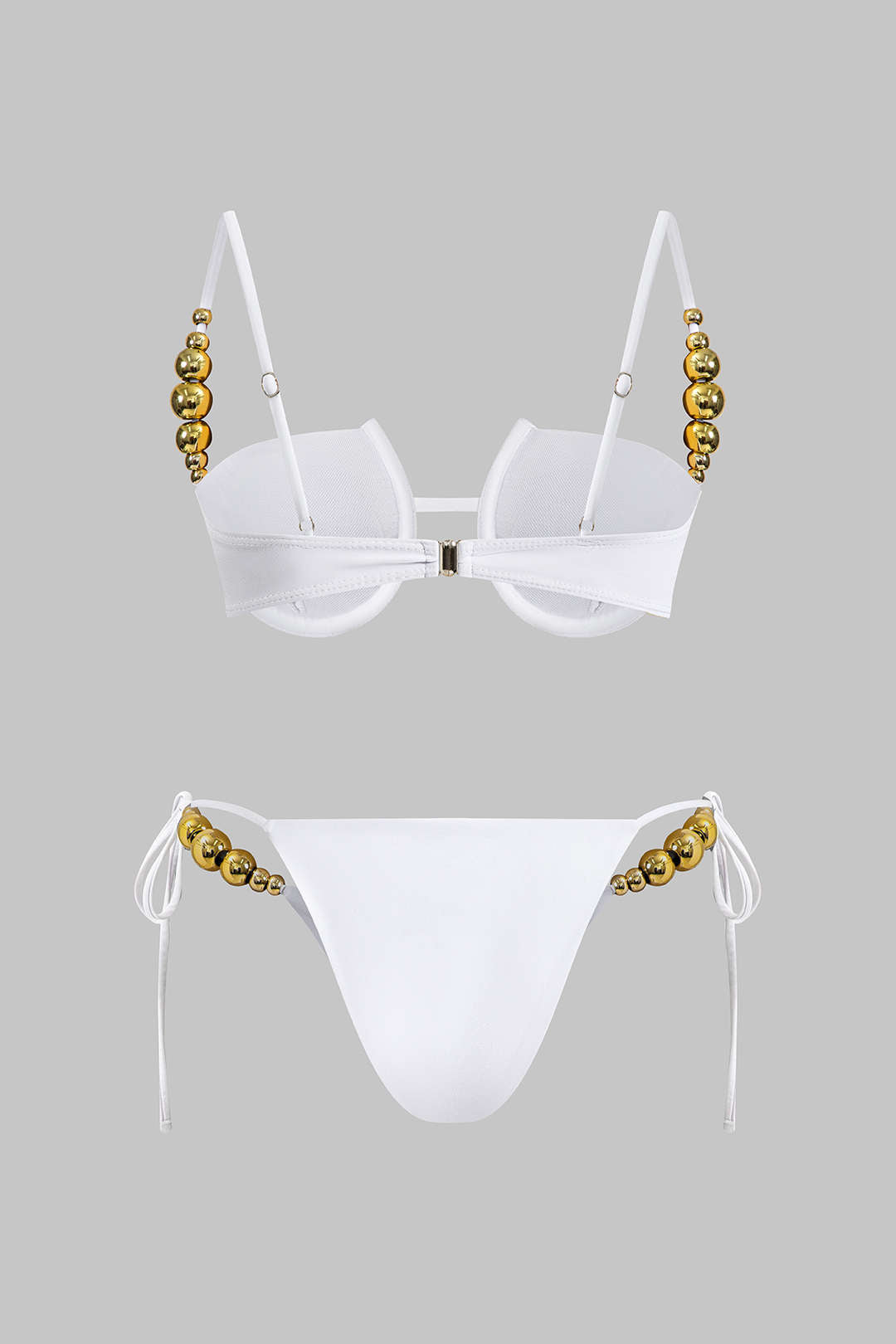 Boncuk Detaylı Büzgülü Düğme Bağlamalı Sırt Dekolteli Bikini Takımı