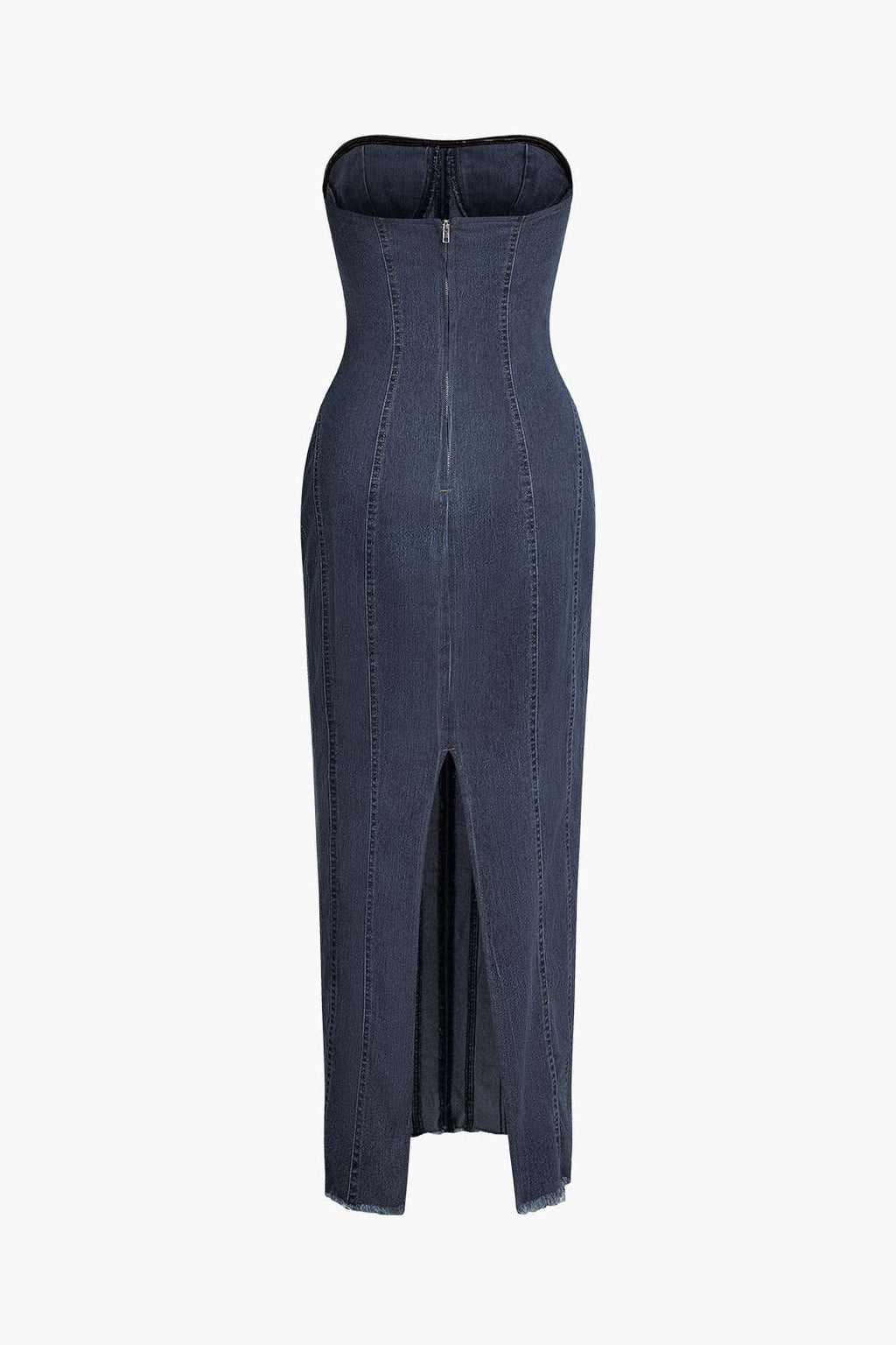 Dikiş Detaylı Fermuar Yırtmaçlı Denim Straplez maksi Elbise