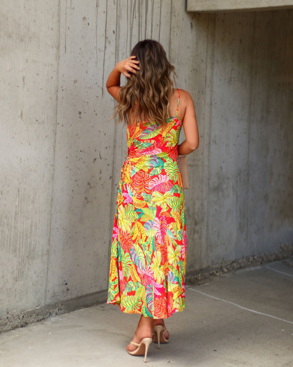 Eliana Cut Tropikal Slip Midi Elbise