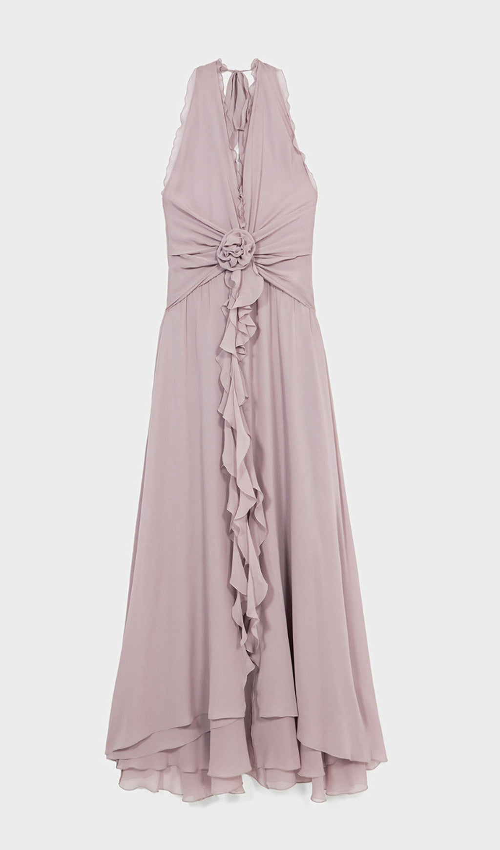 Halter Ruffles Gül Süslemeli Maksi Elbise