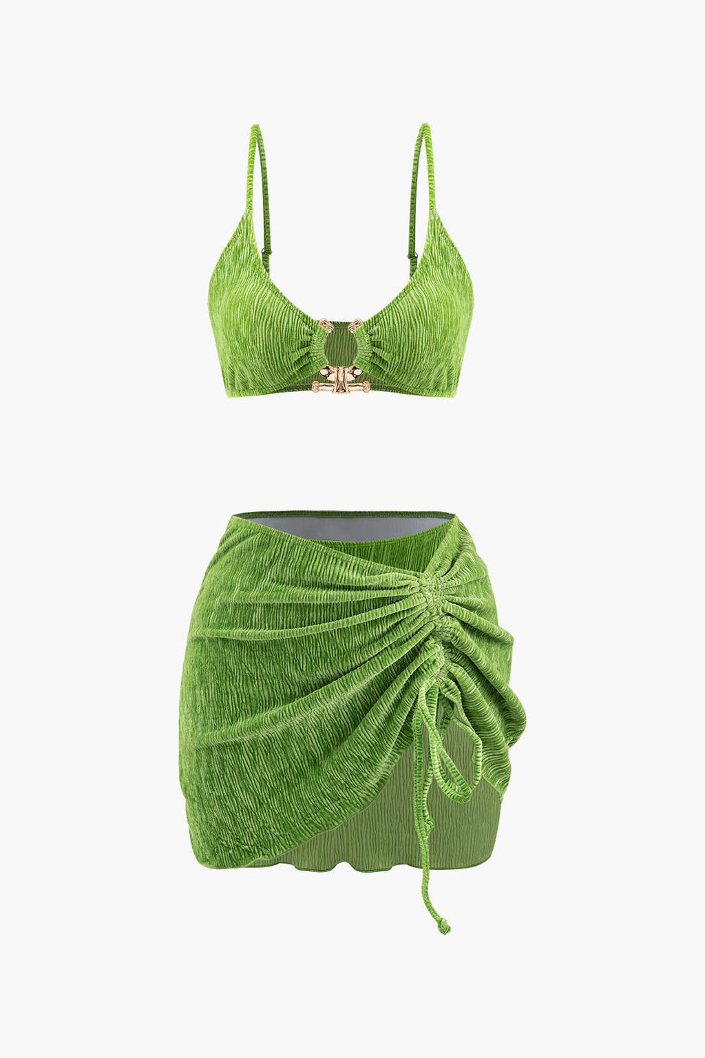Kadife Dokulu U Yüzük Bikini ve Mayo Eteği Pareo 3 Parça Takım