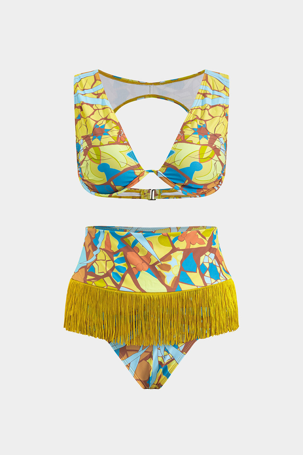 Tropikal Desenli Püsküllü Sırt Dekolteli Bikini Takımı
