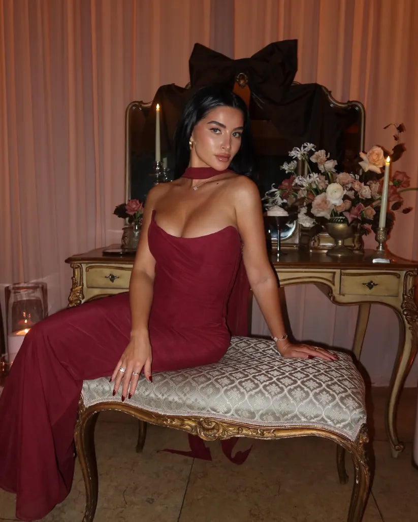 Aniyah Askısız Bodycon Maxi Elbise Bordo Tek Omuz